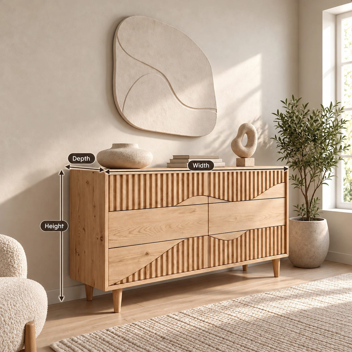 Artisan Wide Dresser With Fluted Diagonal Wave Drawers For Bedroom