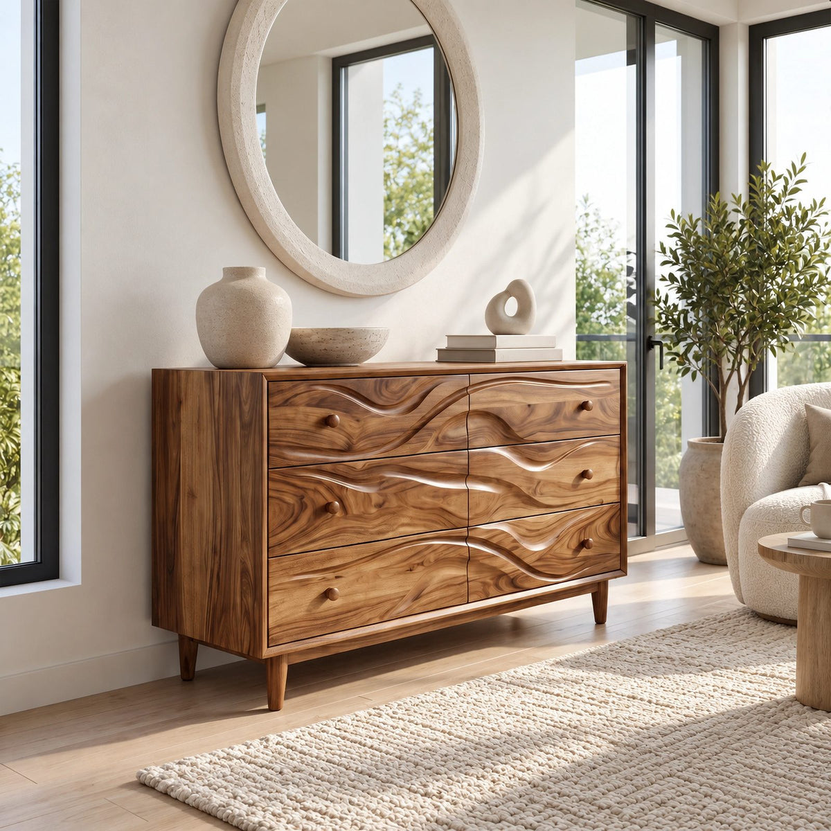 Handcrafted Wooden Dresser With Flowing Wave Drawer Fronts For Bedroom