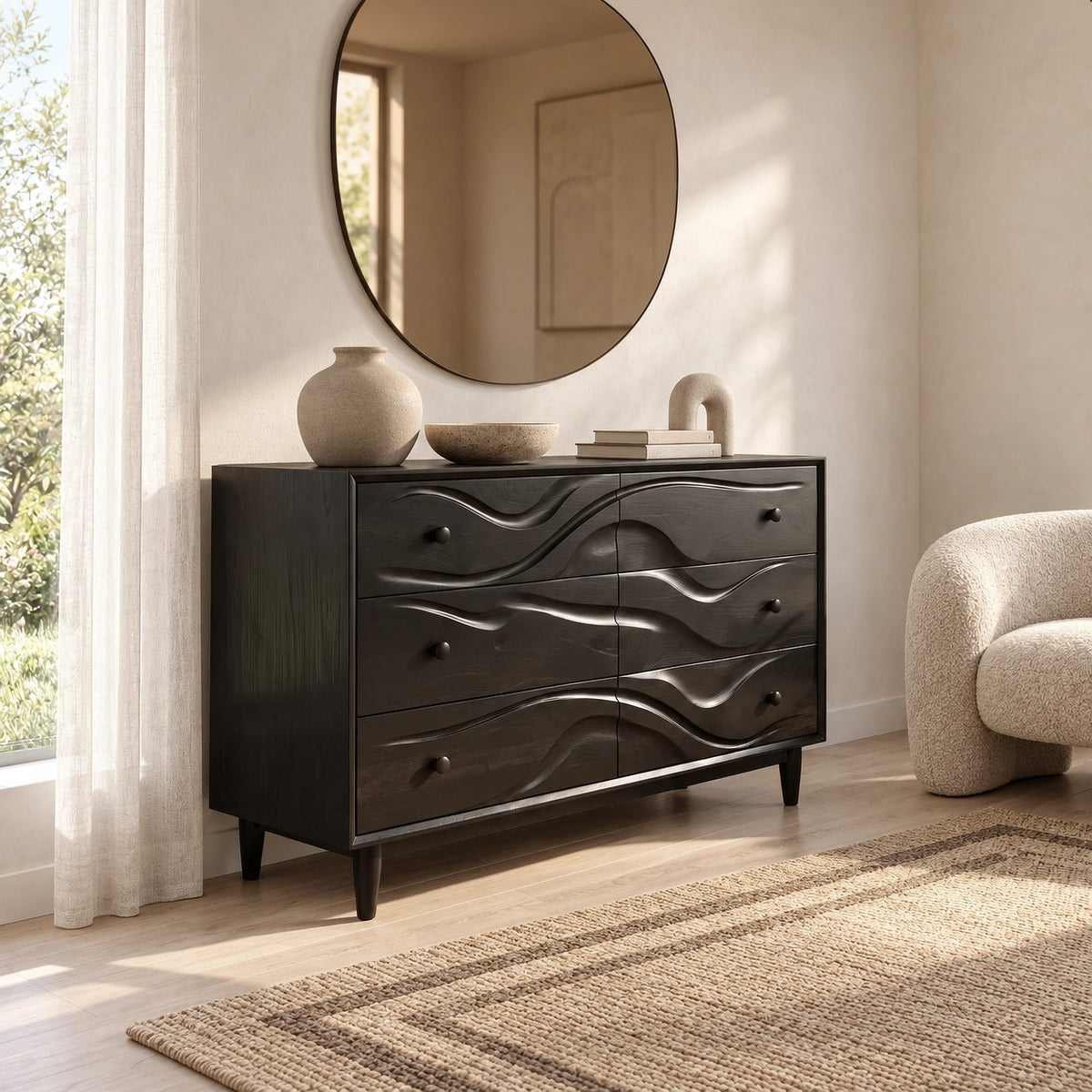 Handcrafted Wooden Dresser With Flowing Wave Drawer Fronts For Bedroom