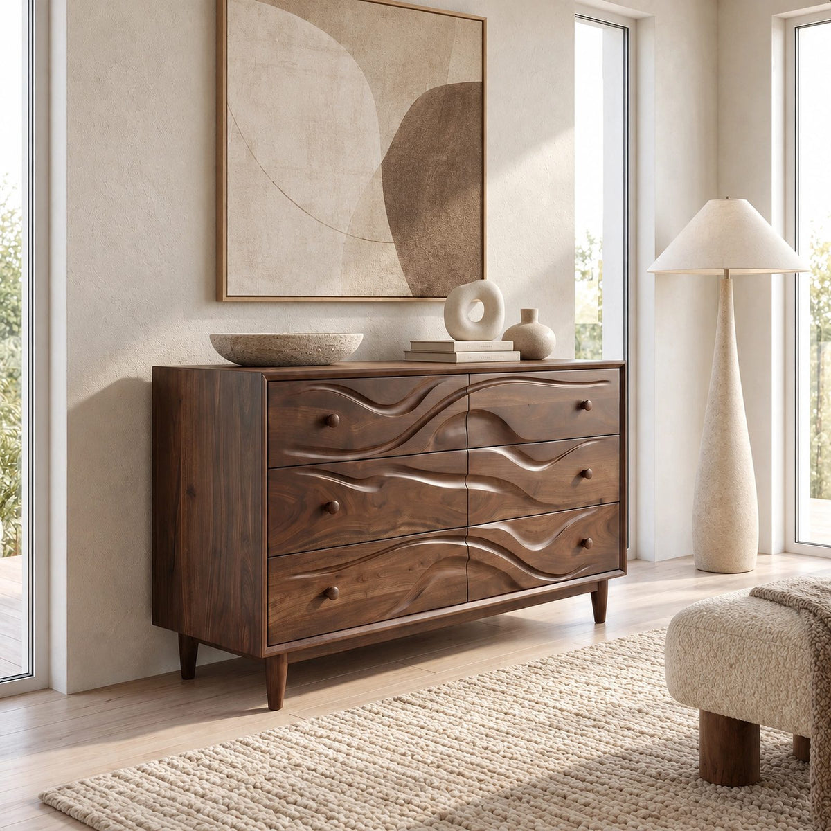 Handcrafted Wooden Dresser With Flowing Wave Drawer Fronts For Bedroom