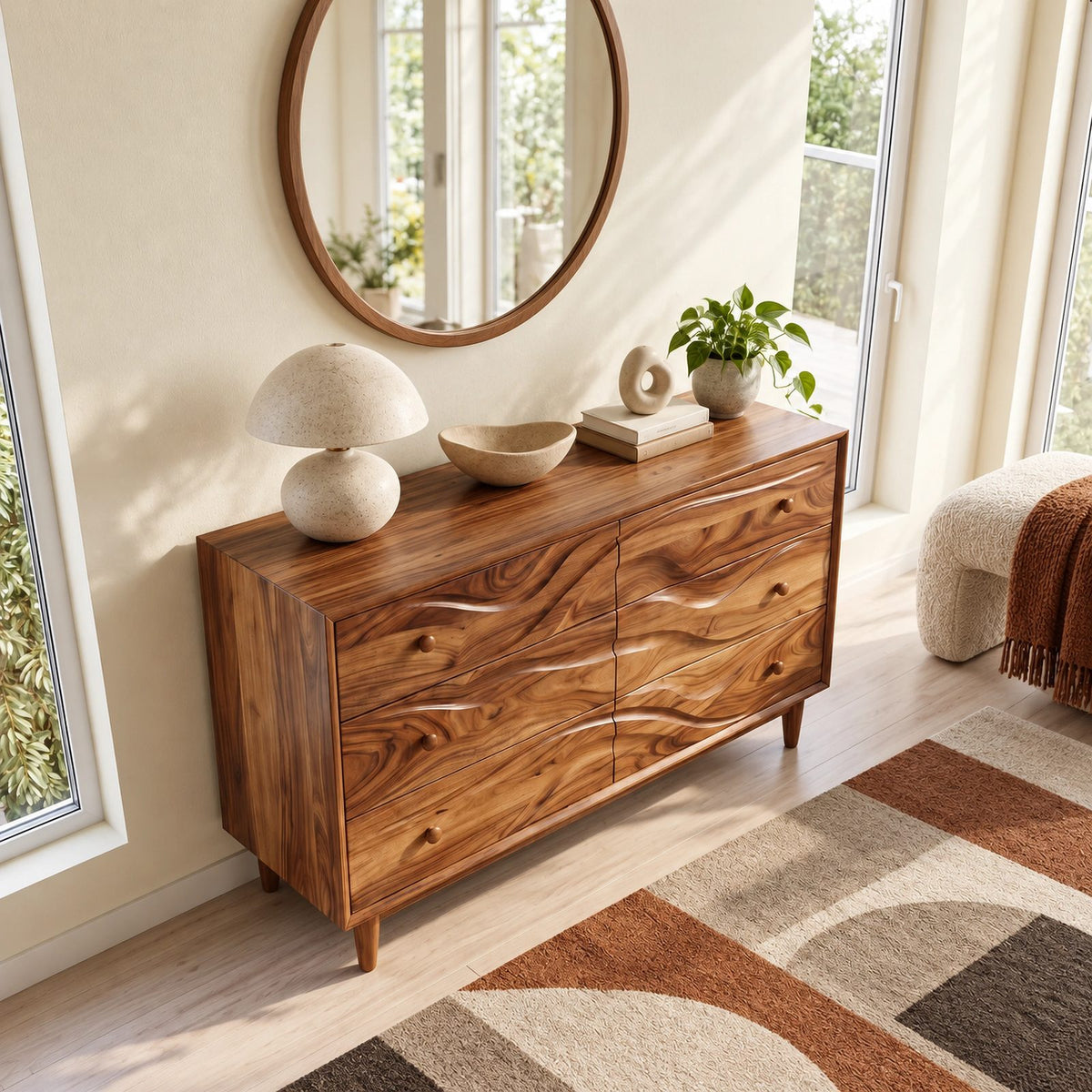 Handcrafted Wooden Dresser With Flowing Wave Drawer Fronts For Bedroom