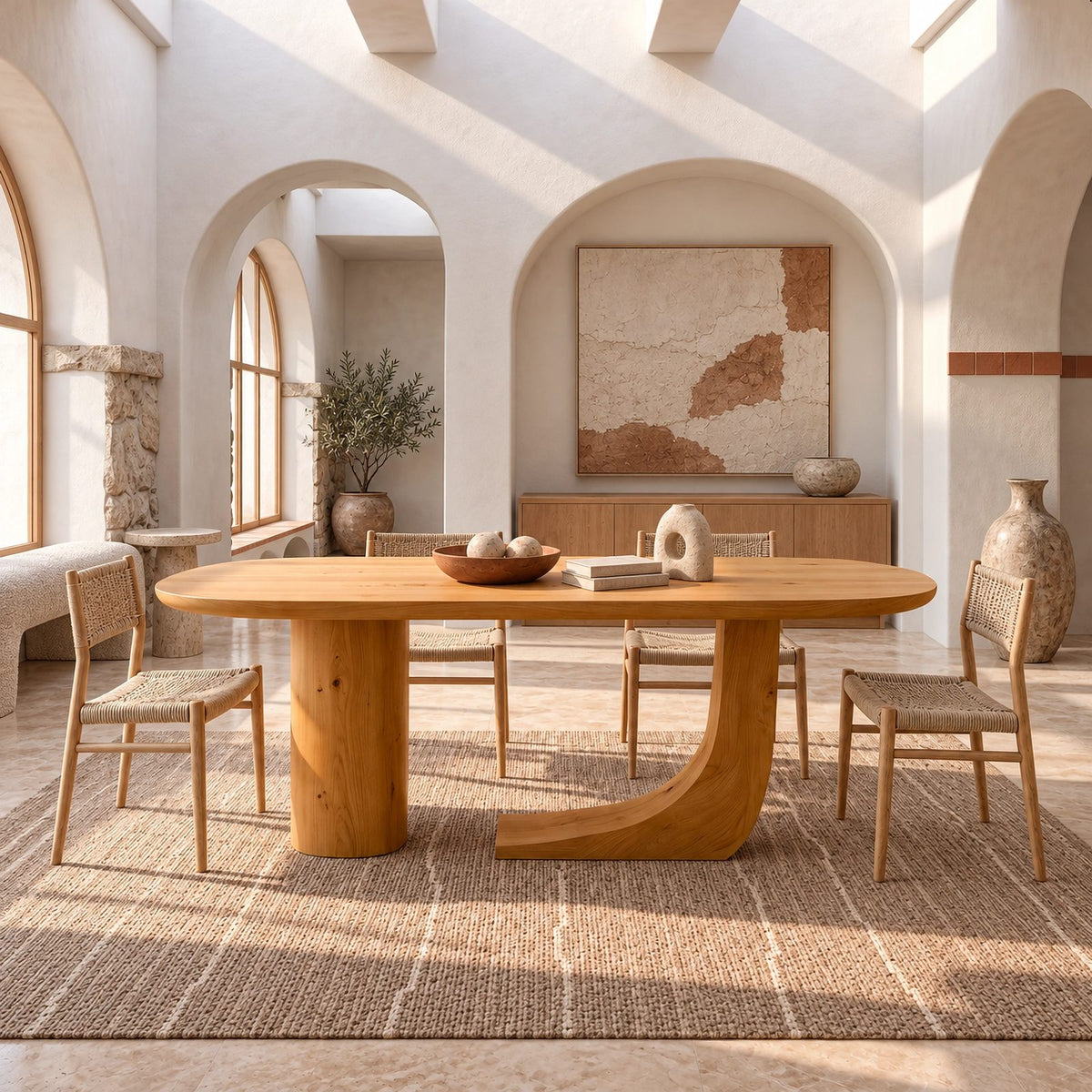 Handcrafted Oval Dining Table With Asymmetrical Curved Base For Dining Room