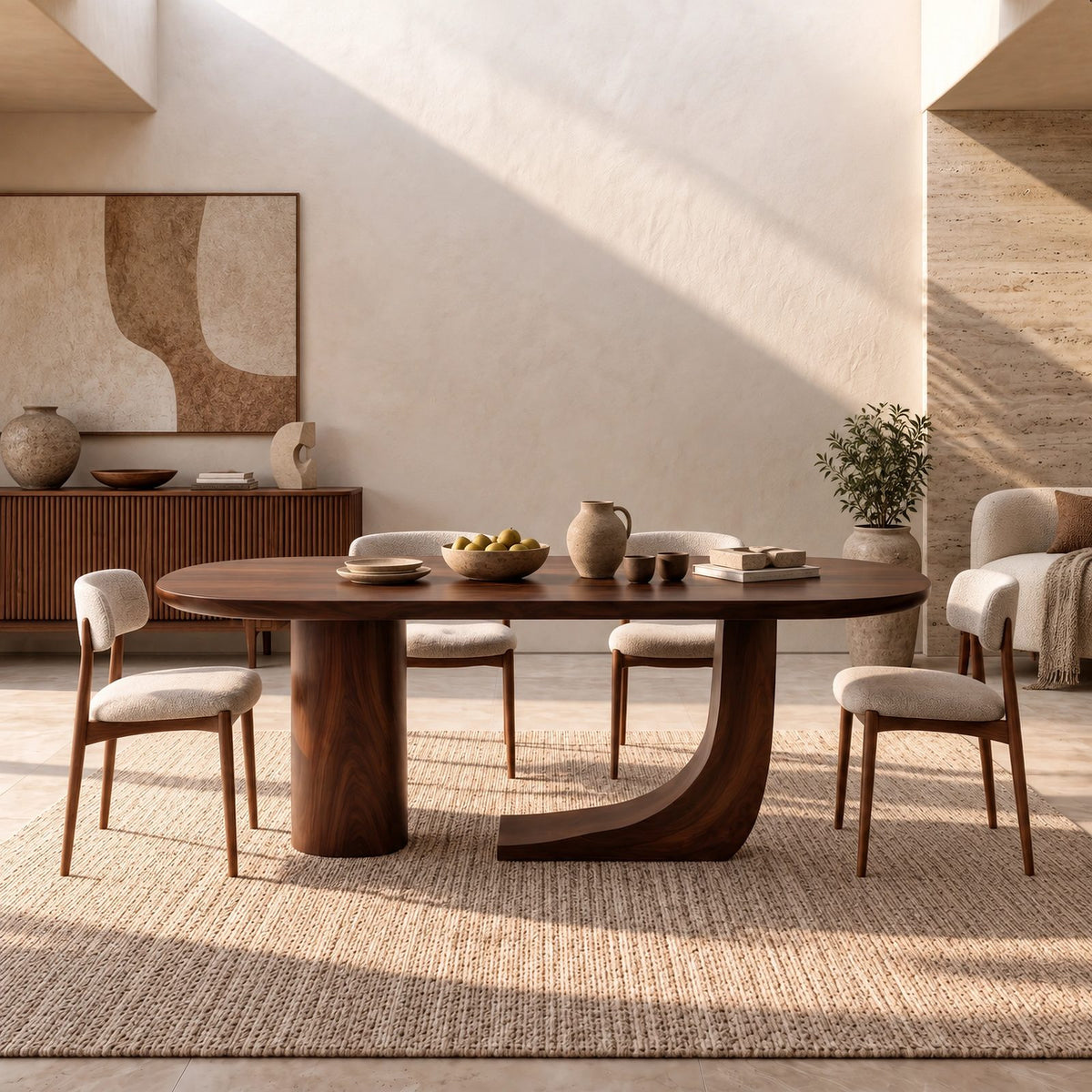 Handcrafted Oval Dining Table With Asymmetrical Curved Base For Dining Room