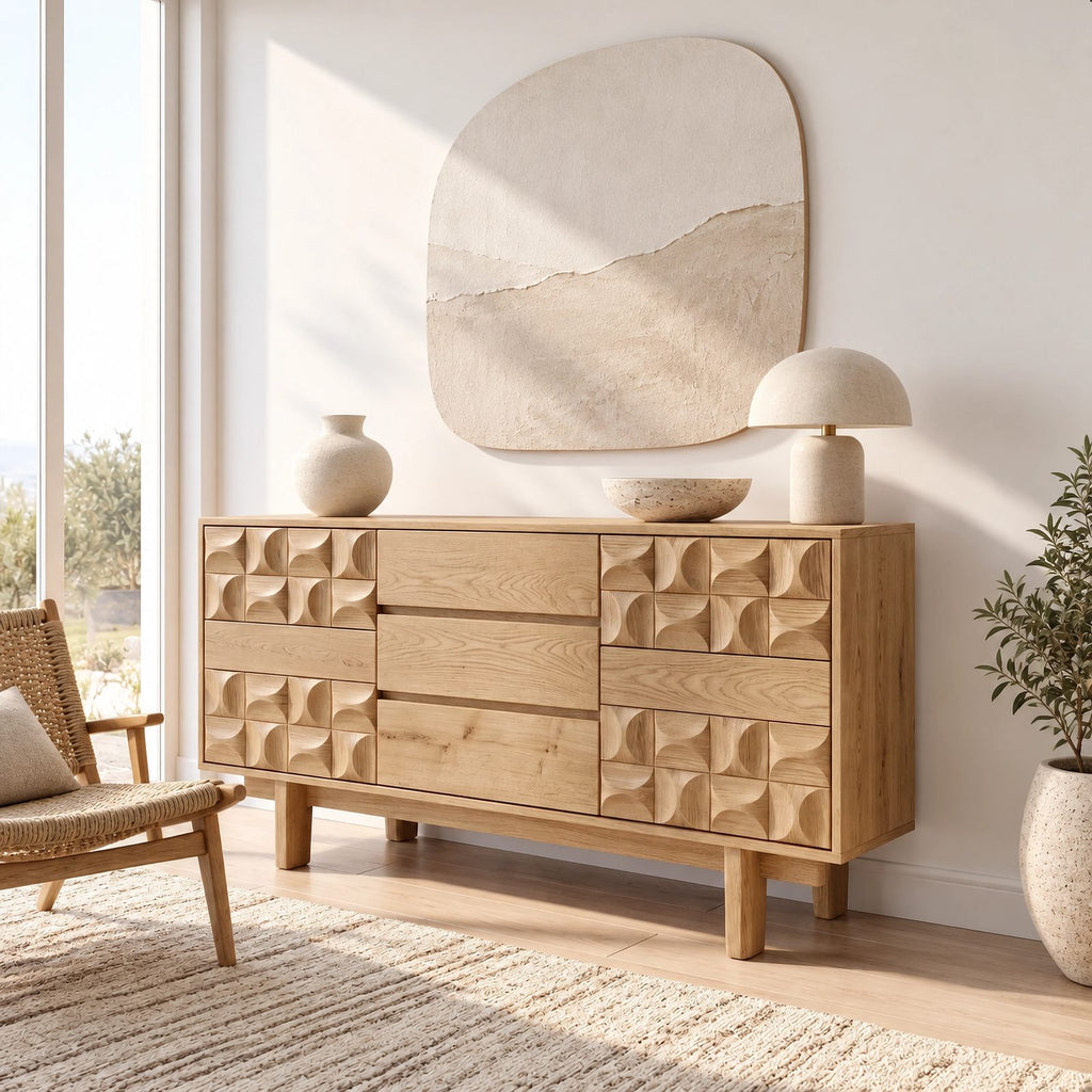 Modern Wooden Dresser With Carved Diamond Relief Drawers For Bedroom