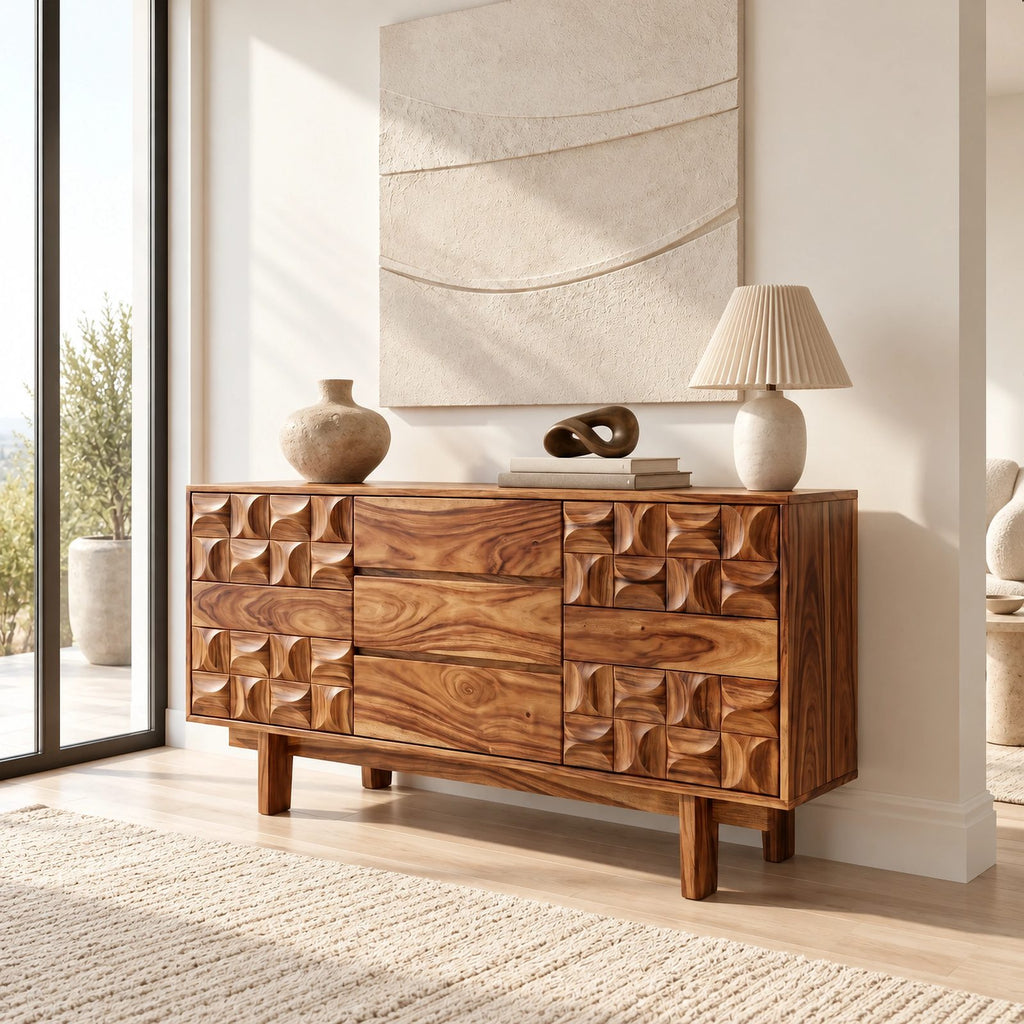 Modern Wooden Dresser With Carved Diamond Relief Drawers For Bedroom