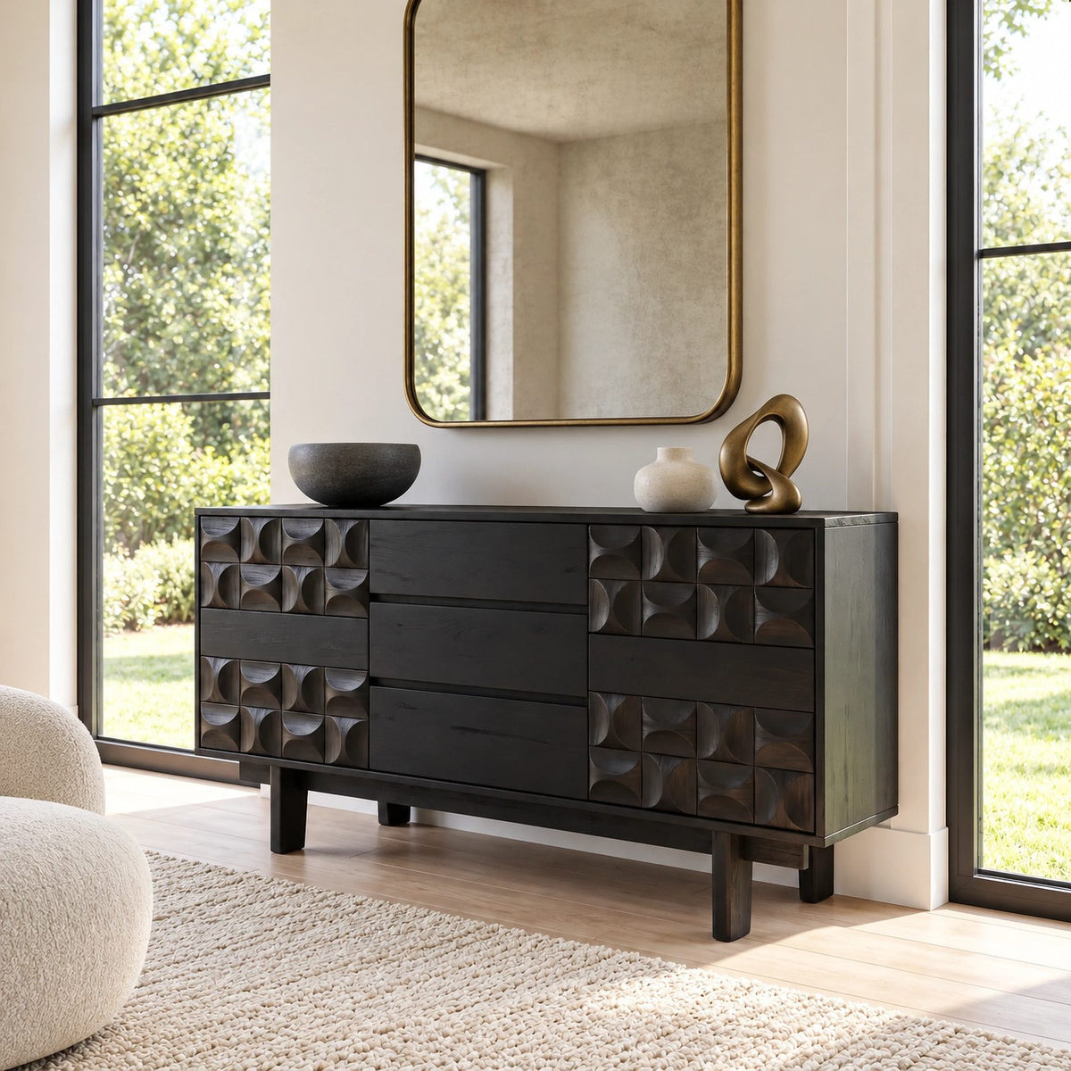 Modern Wooden Dresser With Carved Diamond Relief Drawers For Bedroom