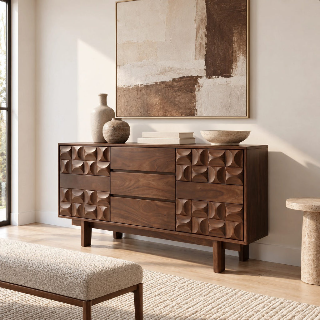 Modern Wooden Dresser With Carved Diamond Relief Drawers For Bedroom