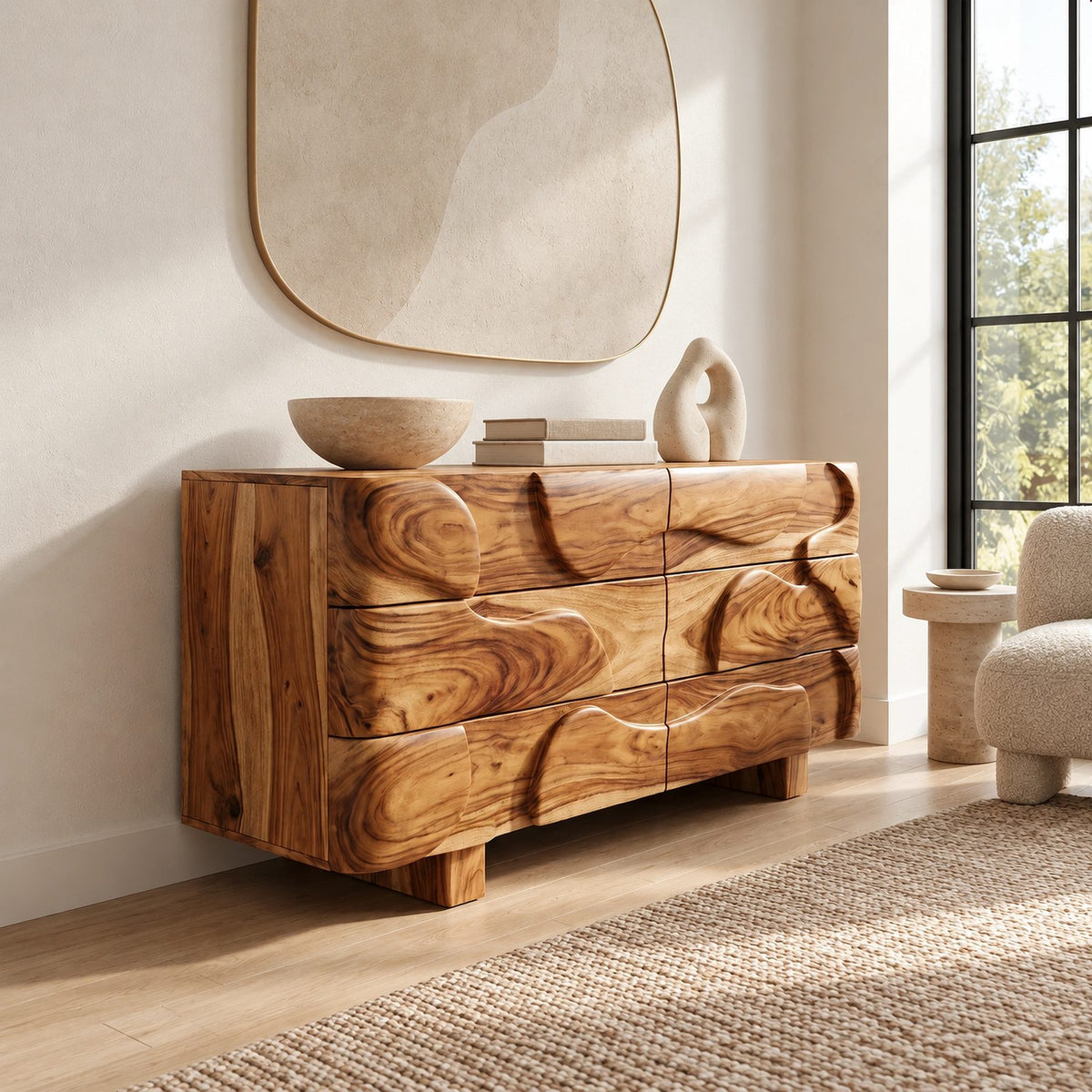 Sculptural Wooden Dresser With Draped Curved Drawer Fronts For Bedroom