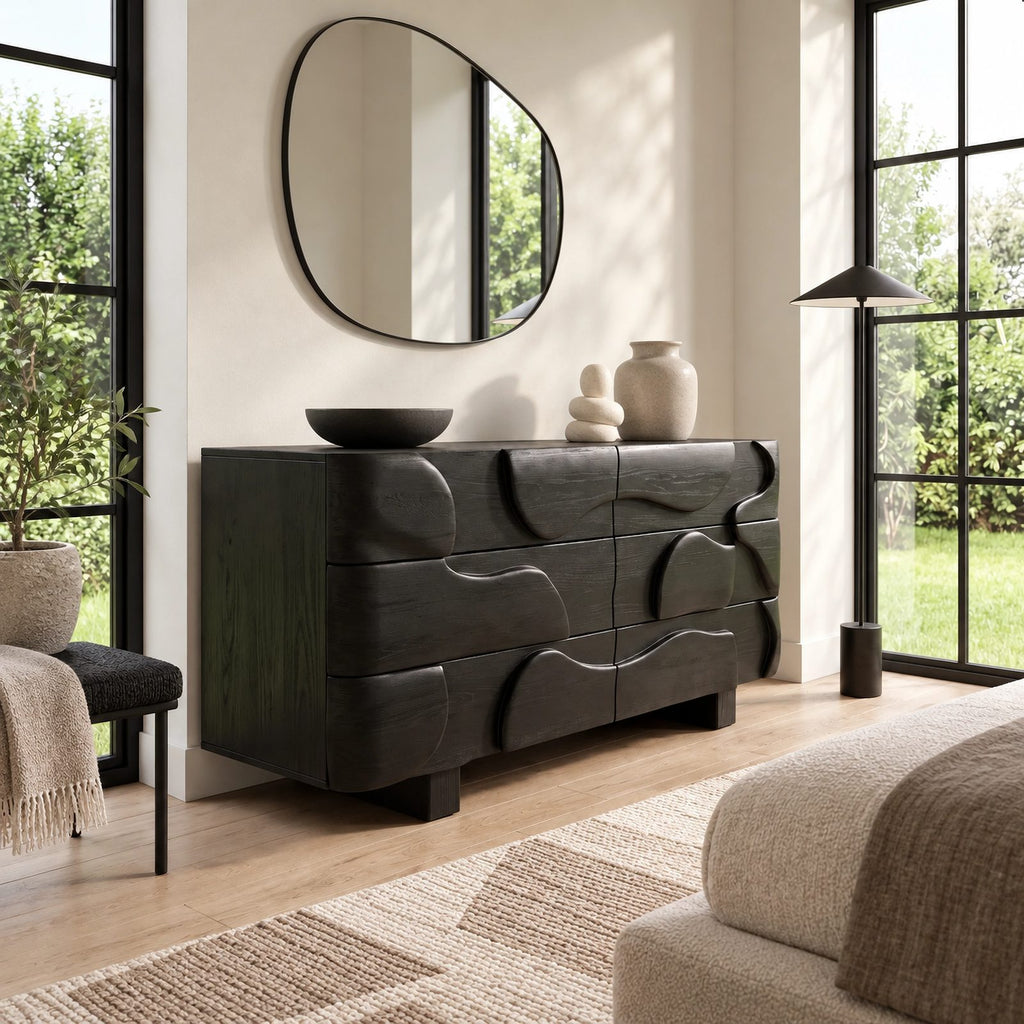Sculptural Wooden Dresser With Draped Curved Drawer Fronts For Bedroom