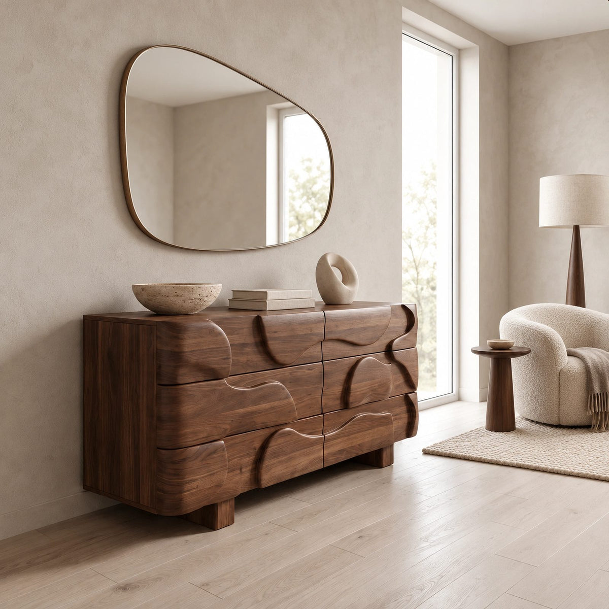 Sculptural Wooden Dresser With Draped Curved Drawer Fronts For Bedroom