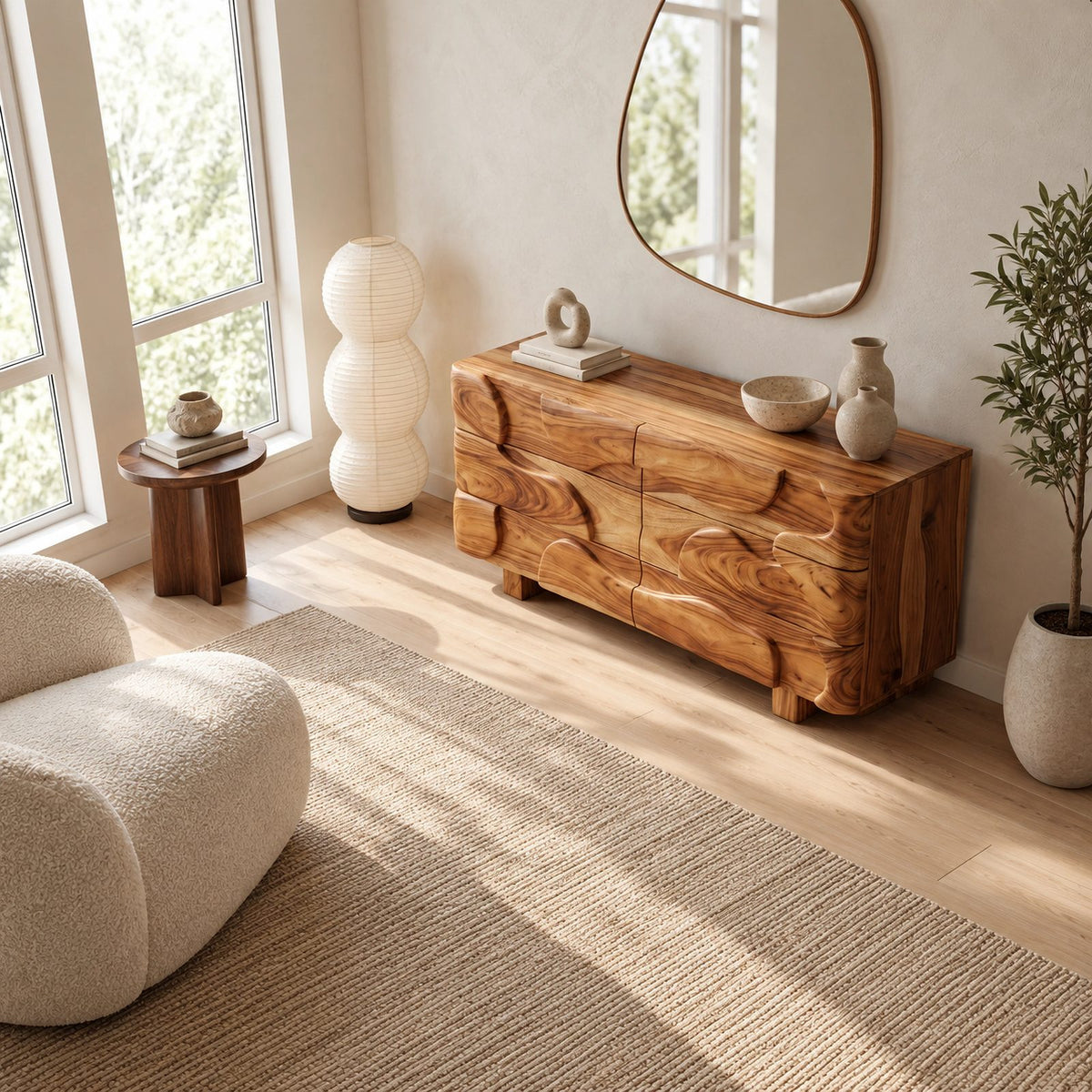 Sculptural Wooden Dresser With Draped Curved Drawer Fronts For Bedroom