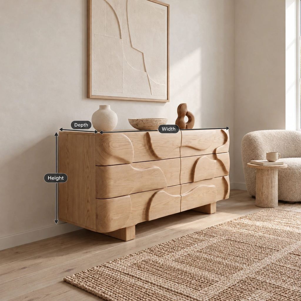 Sculptural Wooden Dresser With Draped Curved Drawer Fronts For Bedroom