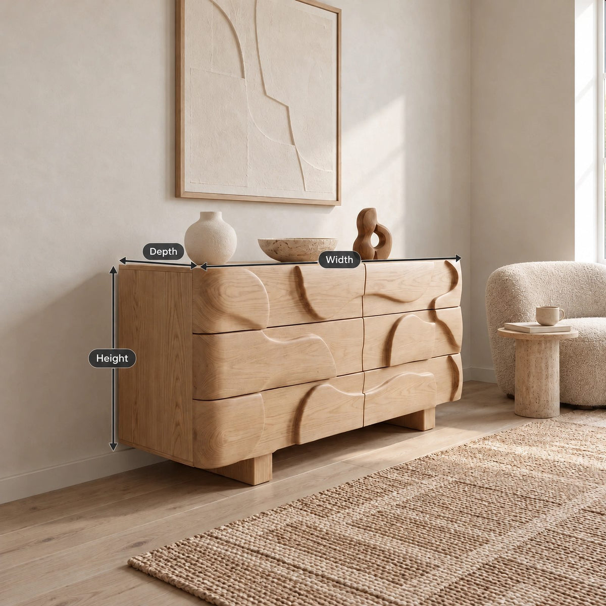 Sculptural Wooden Dresser With Draped Curved Drawer Fronts For Bedroom