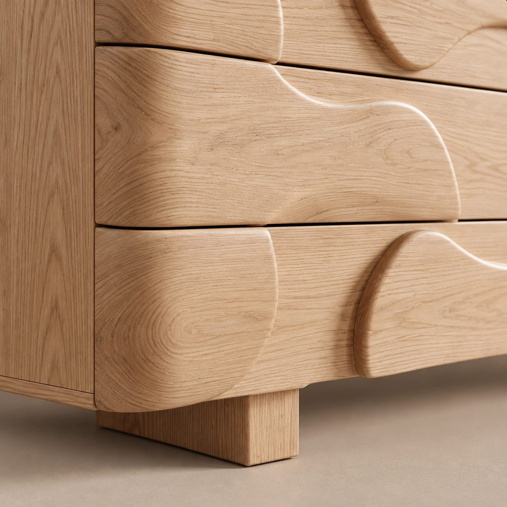 Sculptural Wooden Dresser With Draped Curved Drawer Fronts For Bedroom