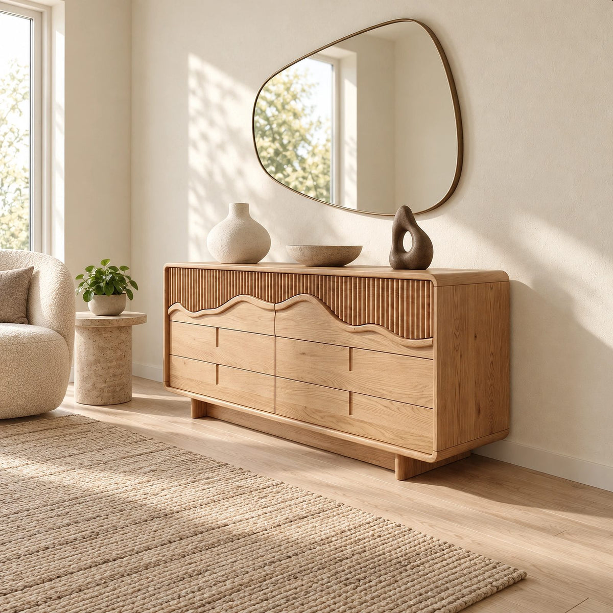 Contemporary Wide Dresser With Fluted Wave Drawer Fronts For Bedroom