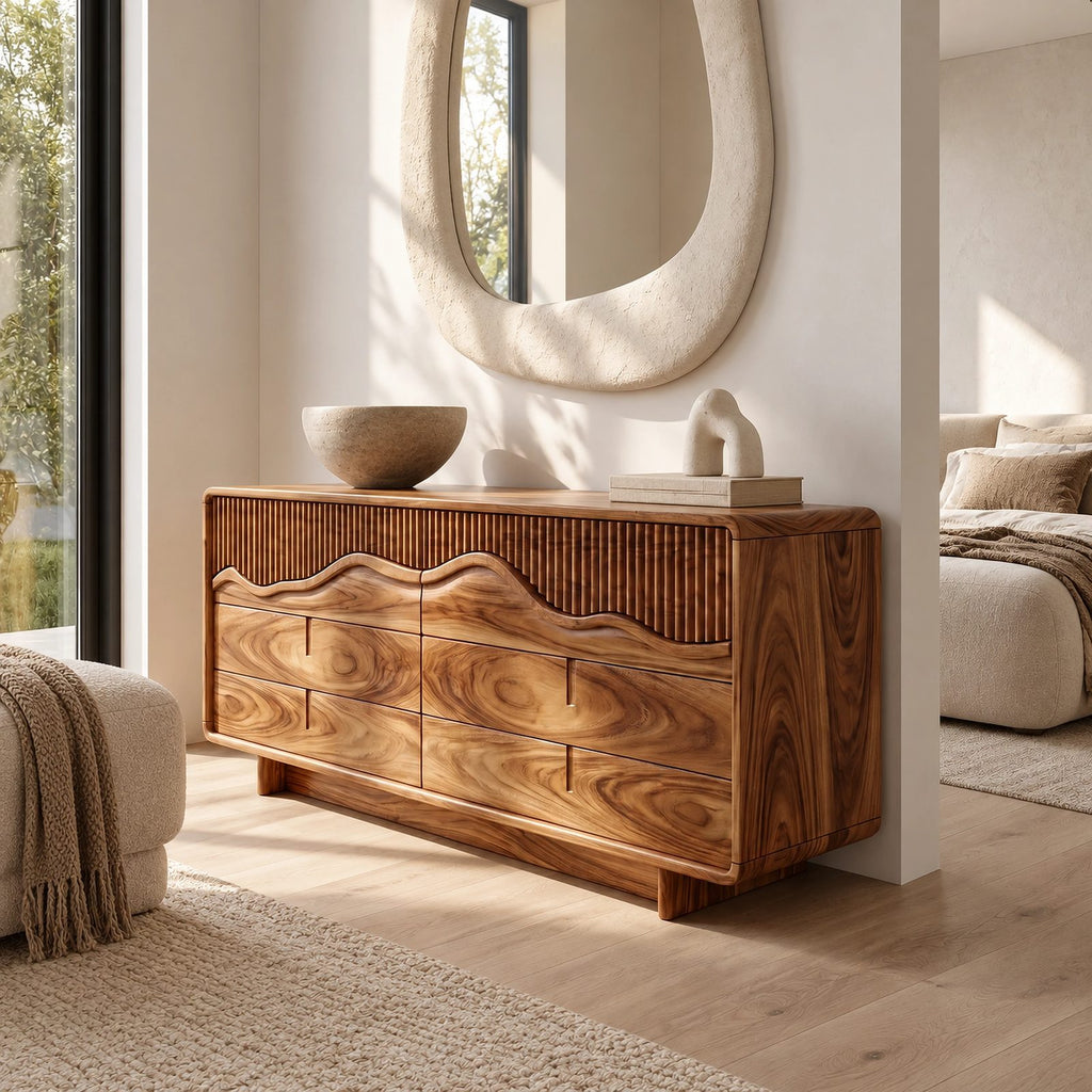 Contemporary Wide Dresser With Fluted Wave Drawer Fronts For Bedroom