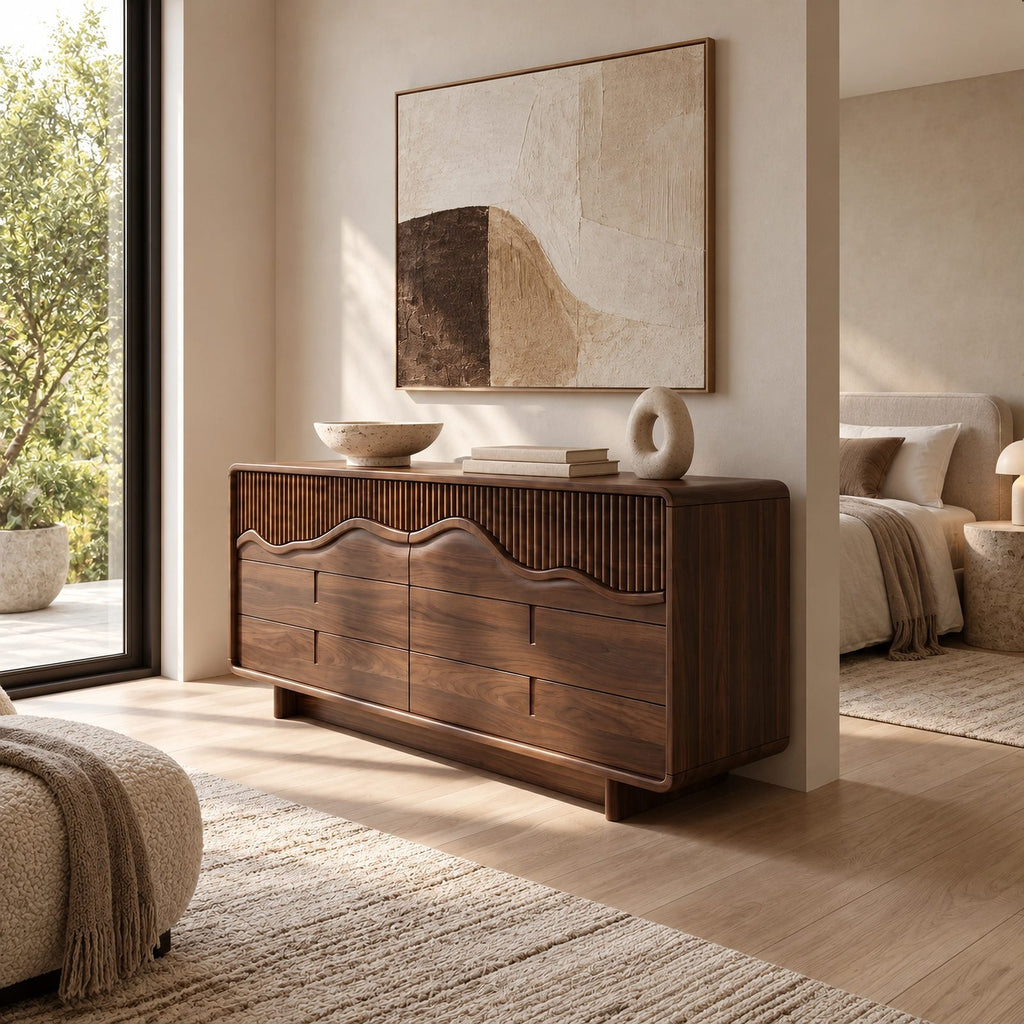 Contemporary Wide Dresser With Fluted Wave Drawer Fronts For Bedroom