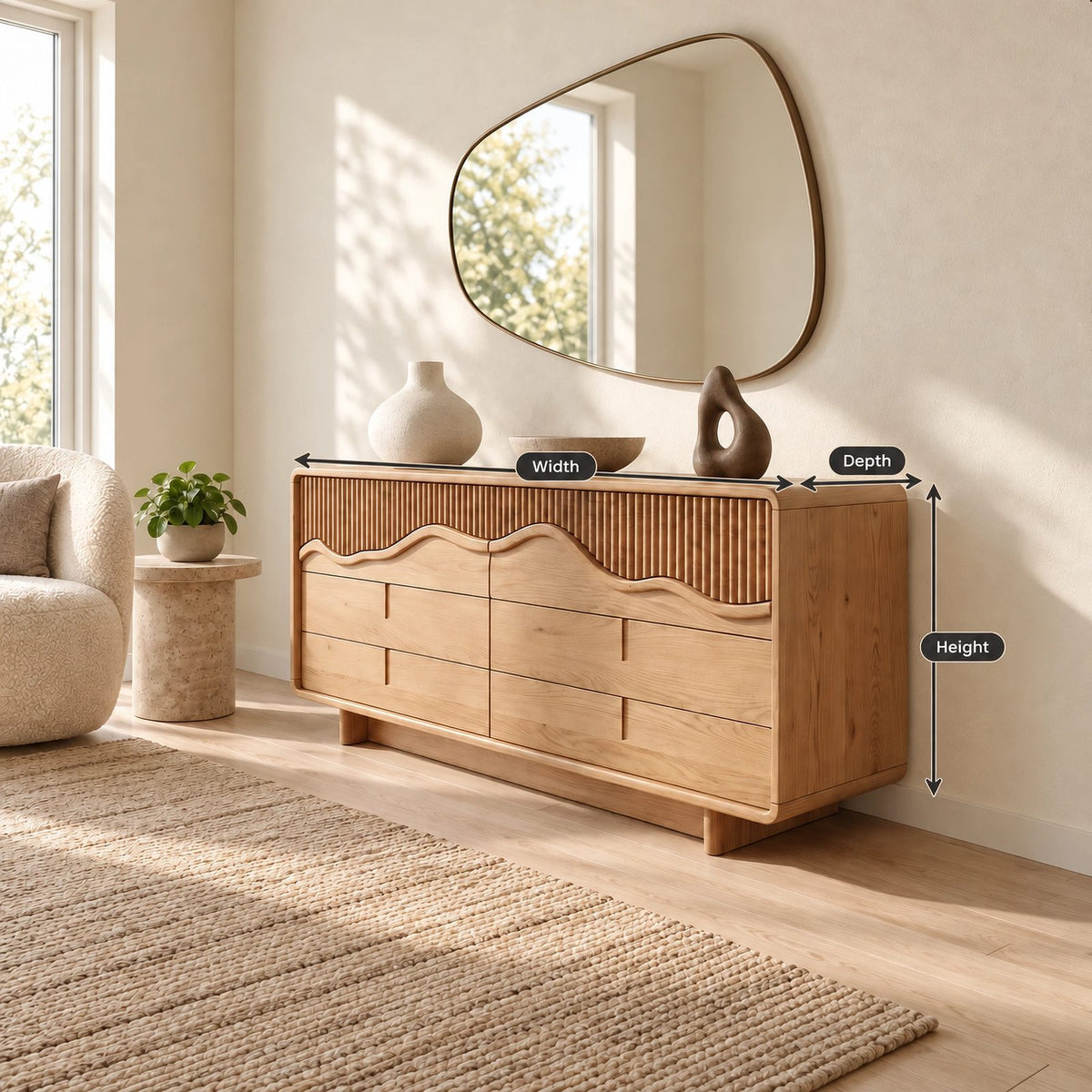 Contemporary Wide Dresser With Fluted Wave Drawer Fronts For Bedroom