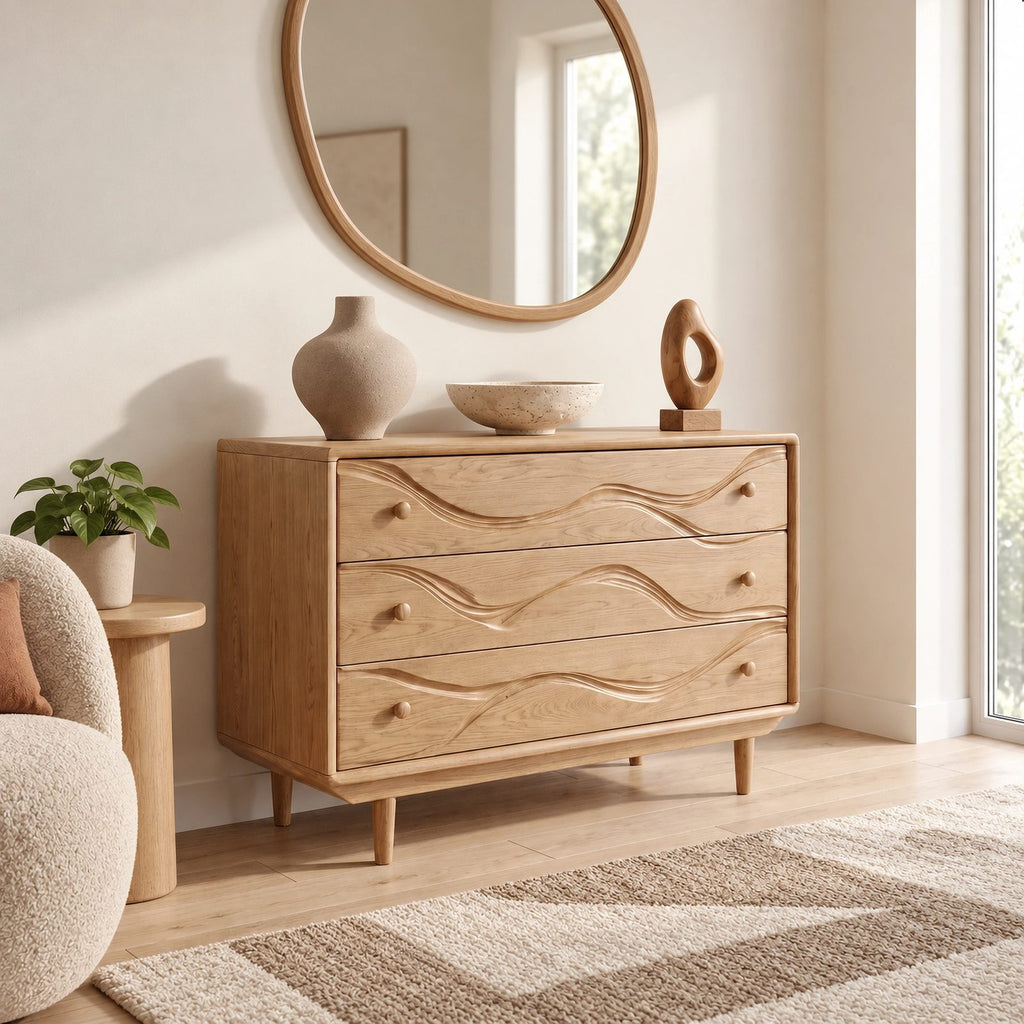 Modern Wooden Dresser With Layered Wave Carved Drawers For Bedroom