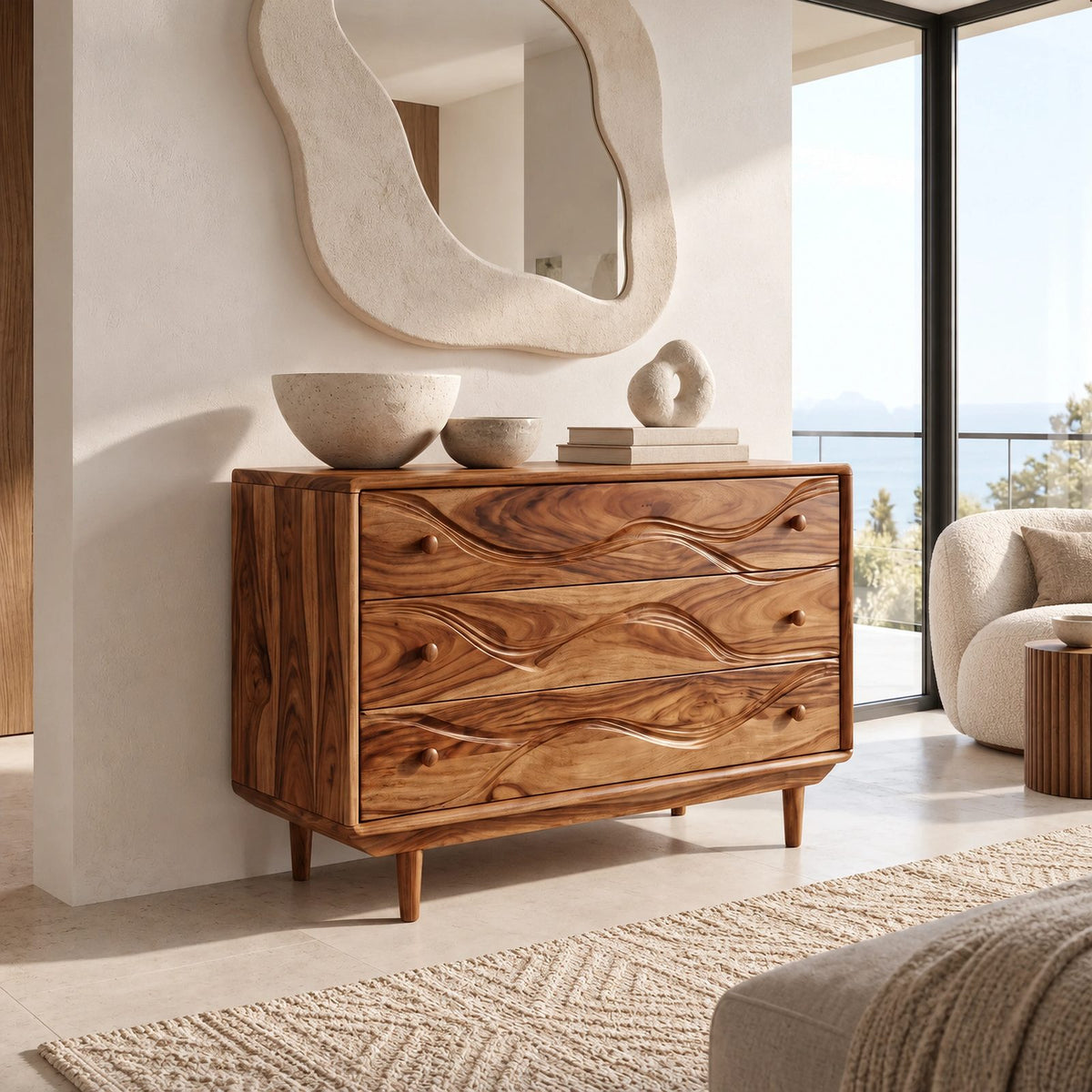 Modern Wooden Dresser With Layered Wave Carved Drawers For Bedroom