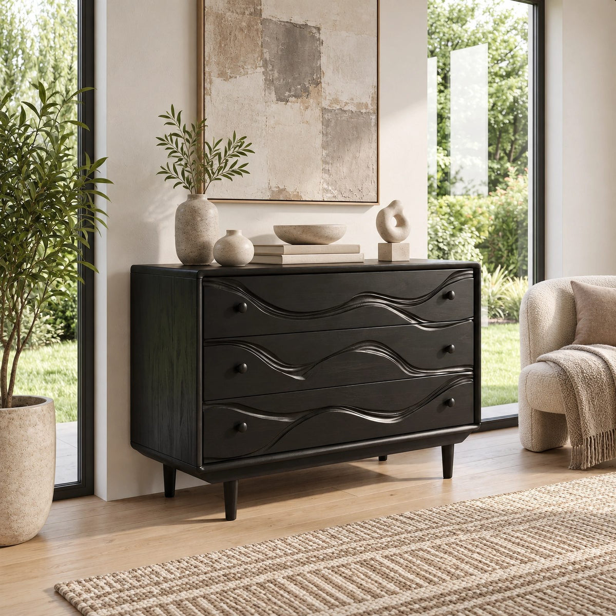 Modern Wooden Dresser With Layered Wave Carved Drawers For Bedroom