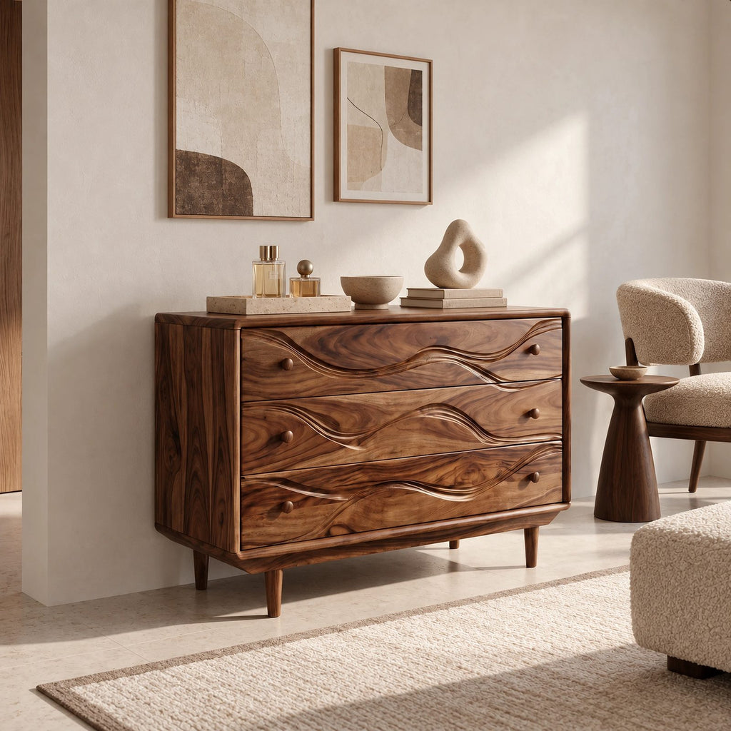 Modern Wooden Dresser With Layered Wave Carved Drawers For Bedroom