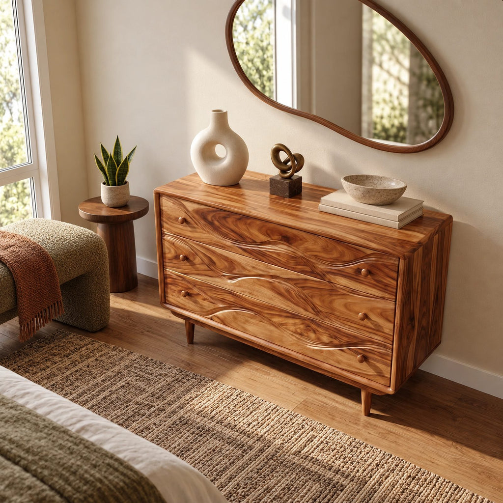 Modern Wooden Dresser With Layered Wave Carved Drawers For Bedroom