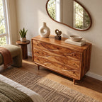 Modern Wooden Dresser With Layered Wave Carved Drawers For Bedroom