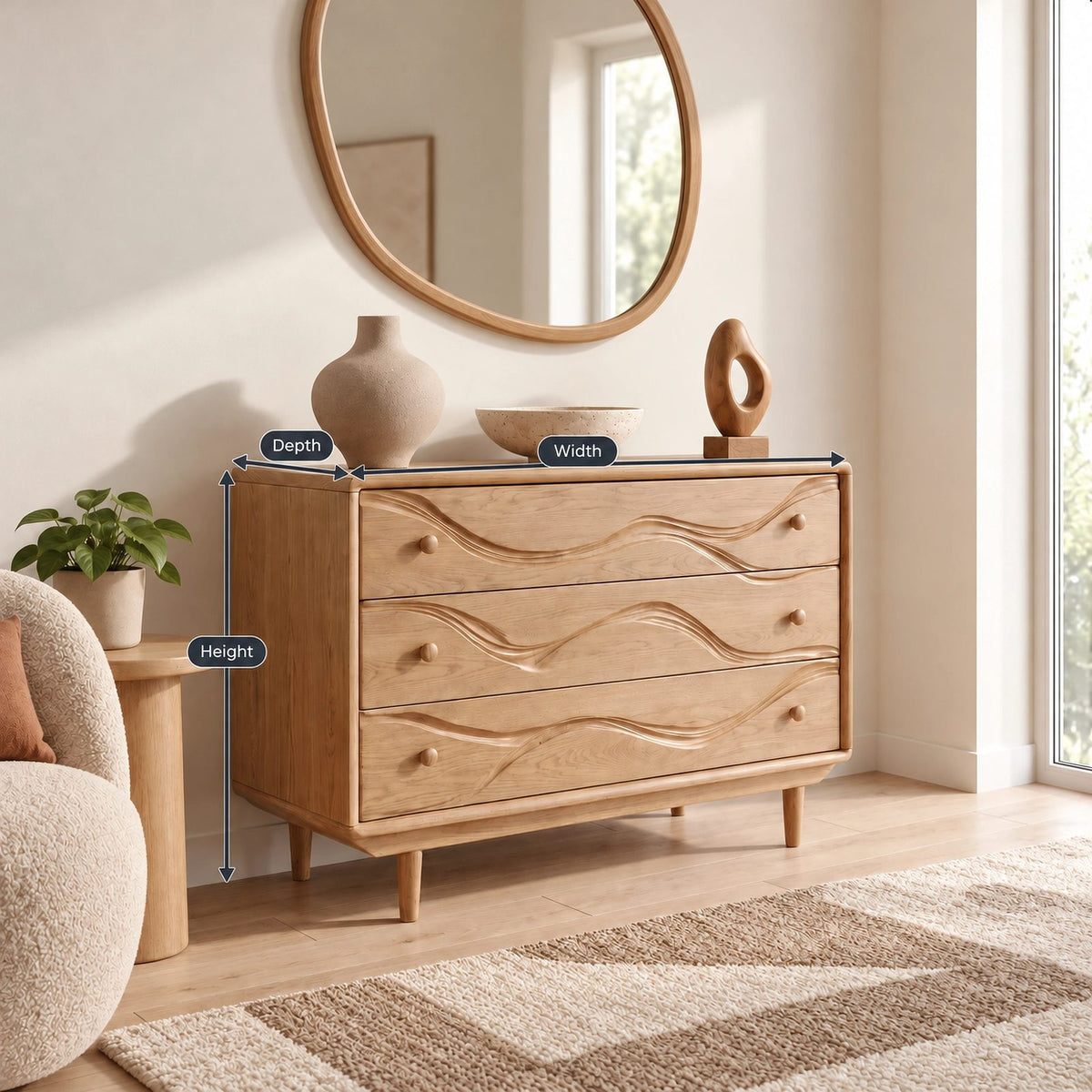 Modern Wooden Dresser With Layered Wave Carved Drawers For Bedroom