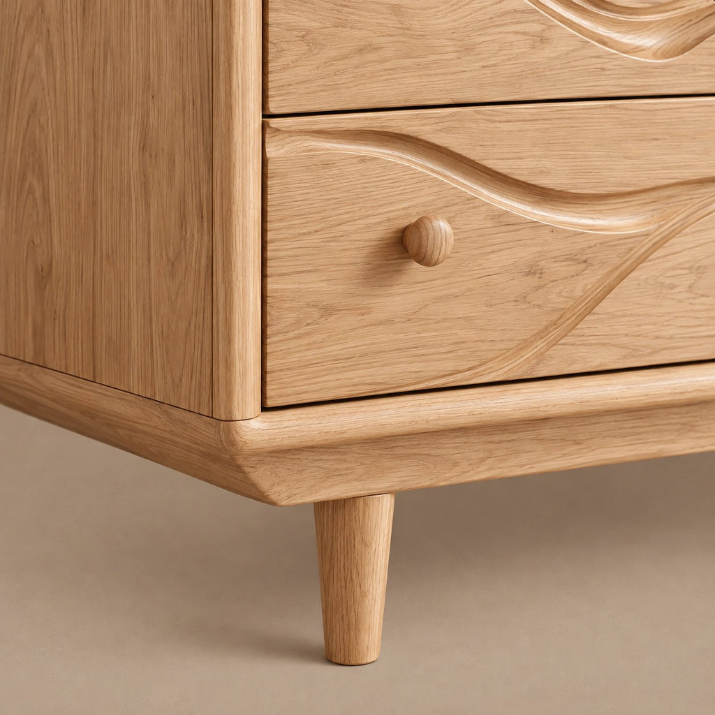 Modern Wooden Dresser With Layered Wave Carved Drawers For Bedroom