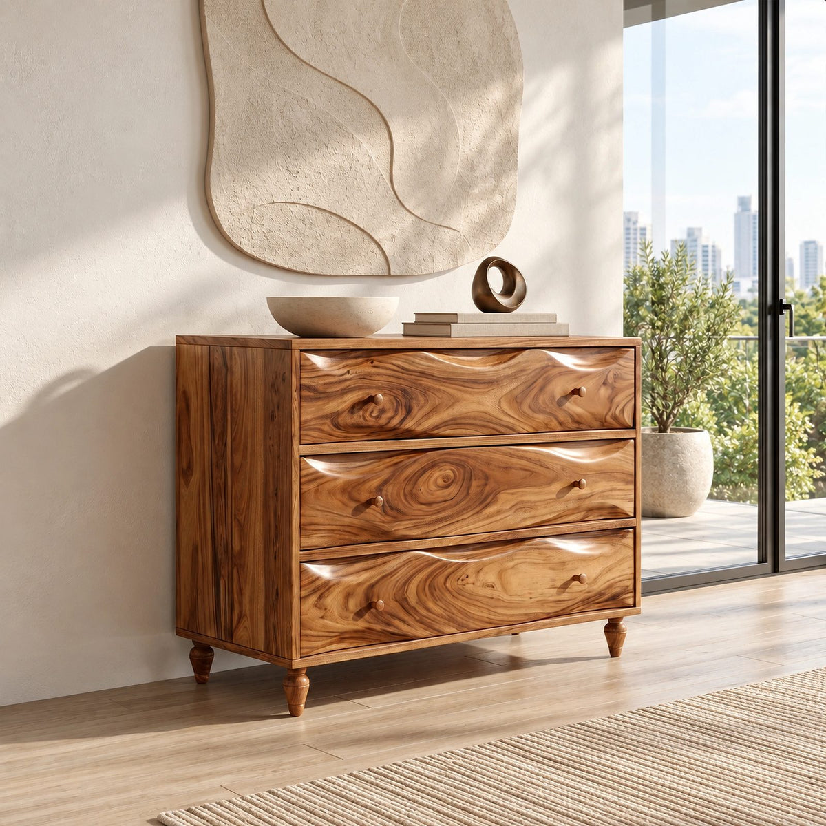 Mid Century Wooden Dresser With Swirling Grain Drawer Fronts For Bedroom
