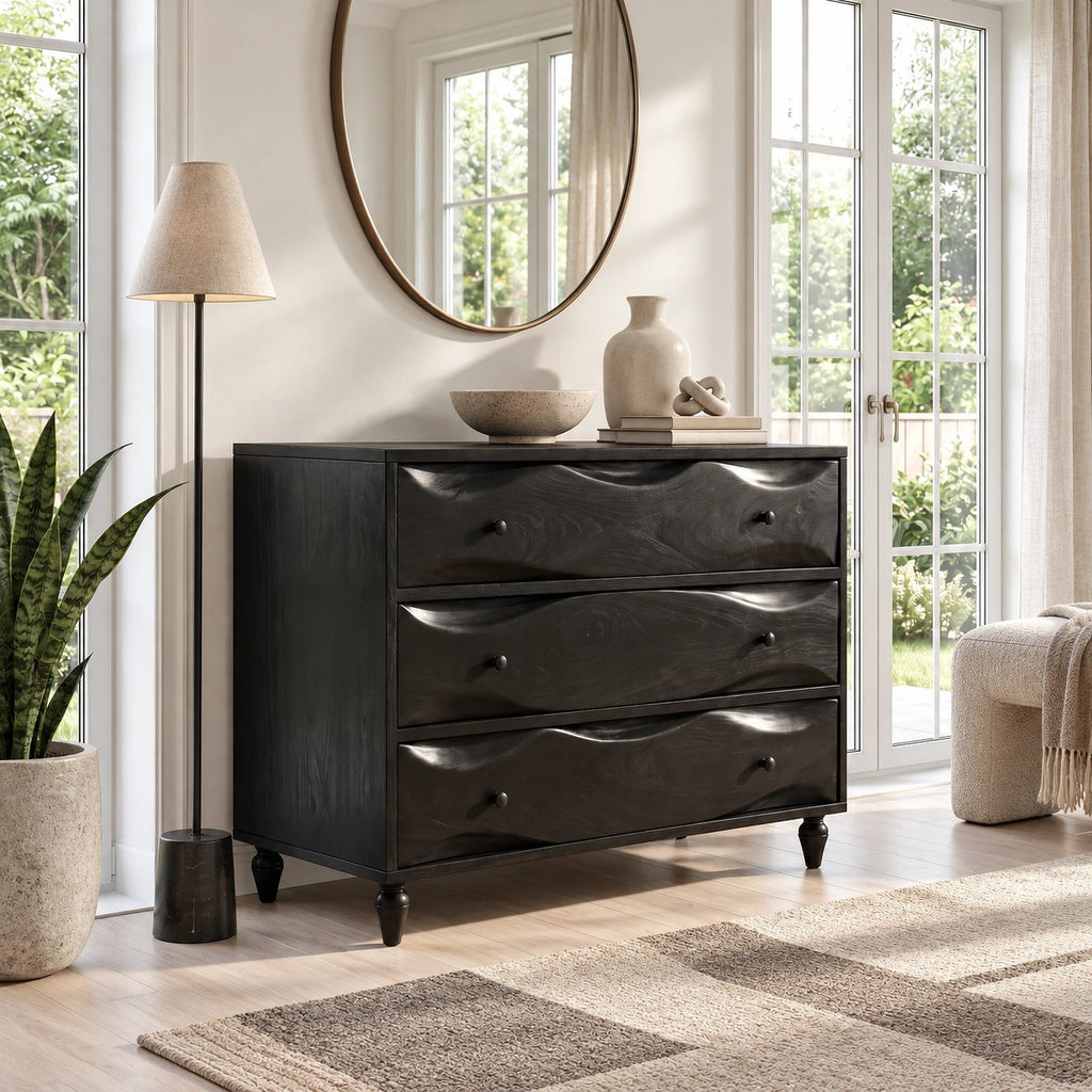 Mid Century Wooden Dresser With Swirling Grain Drawer Fronts For Bedroom