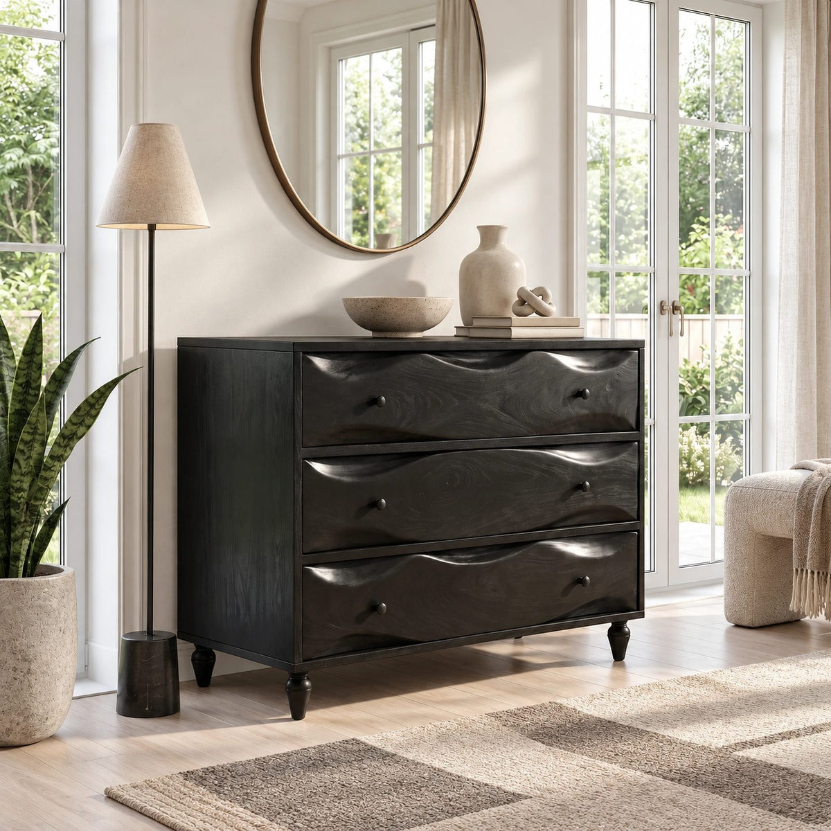 Mid Century Wooden Dresser With Swirling Grain Drawer Fronts For Bedroom