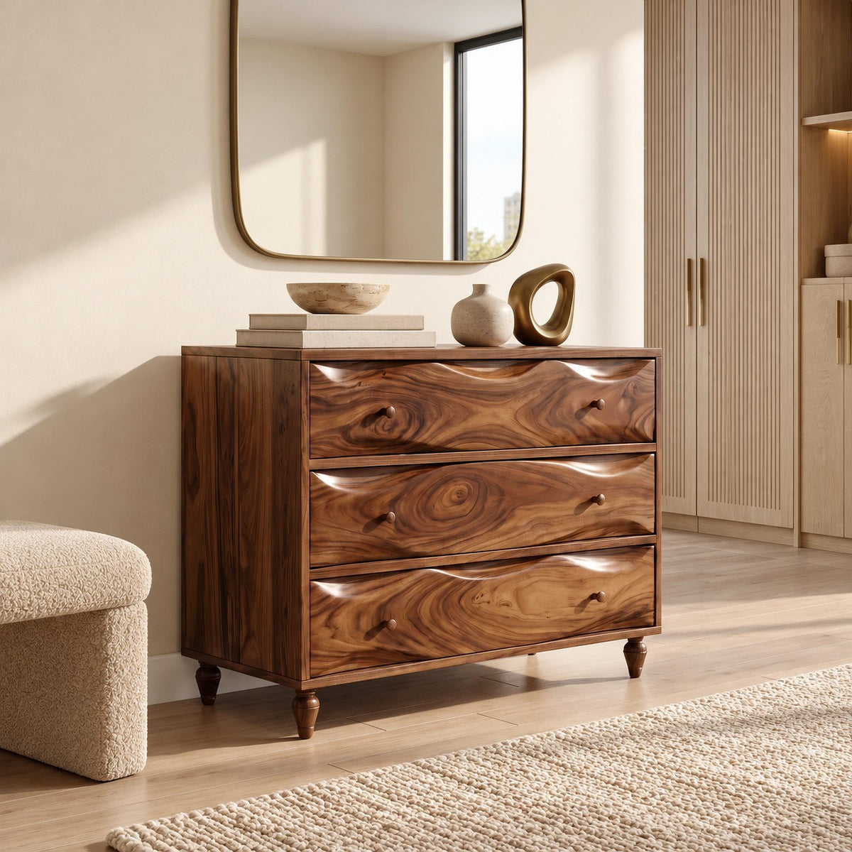 Mid Century Wooden Dresser With Swirling Grain Drawer Fronts For Bedroom