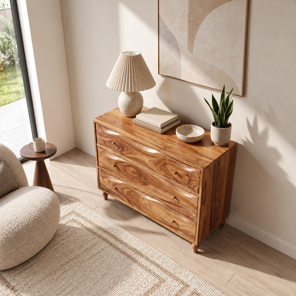 Mid Century Wooden Dresser With Swirling Grain Drawer Fronts For Bedroom
