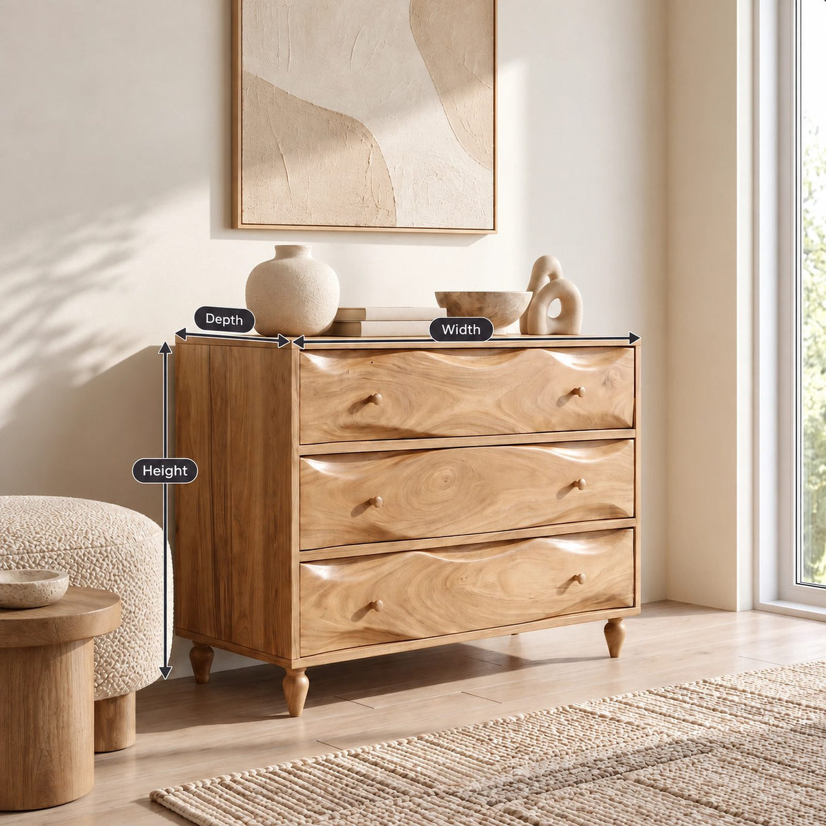 Mid Century Wooden Dresser With Swirling Grain Drawer Fronts For Bedroom