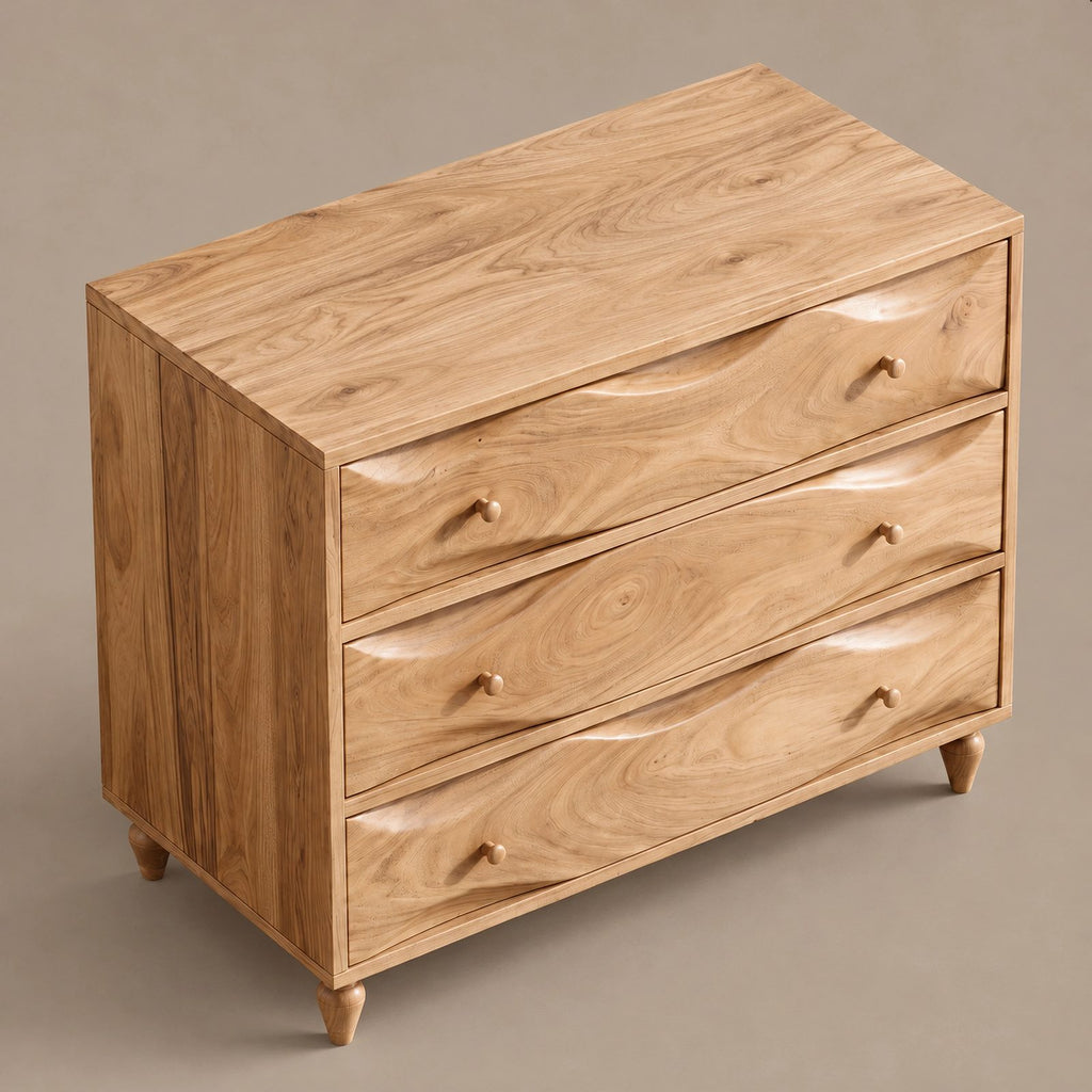 Mid Century Wooden Dresser With Swirling Grain Drawer Fronts For Bedroom
