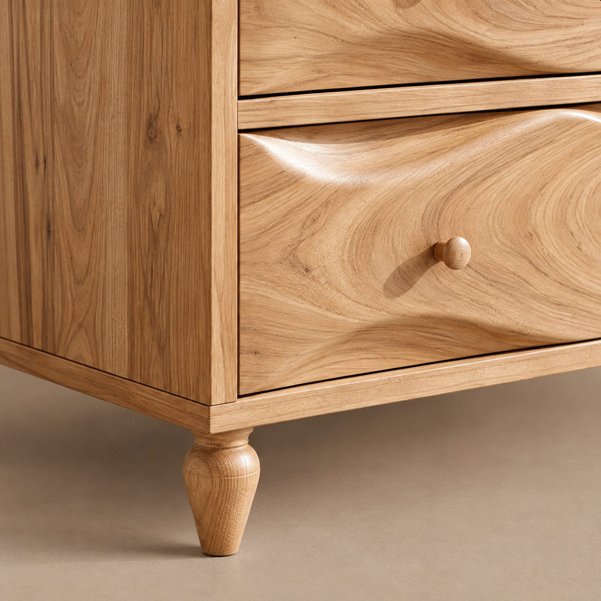 Mid Century Wooden Dresser With Swirling Grain Drawer Fronts For Bedroom