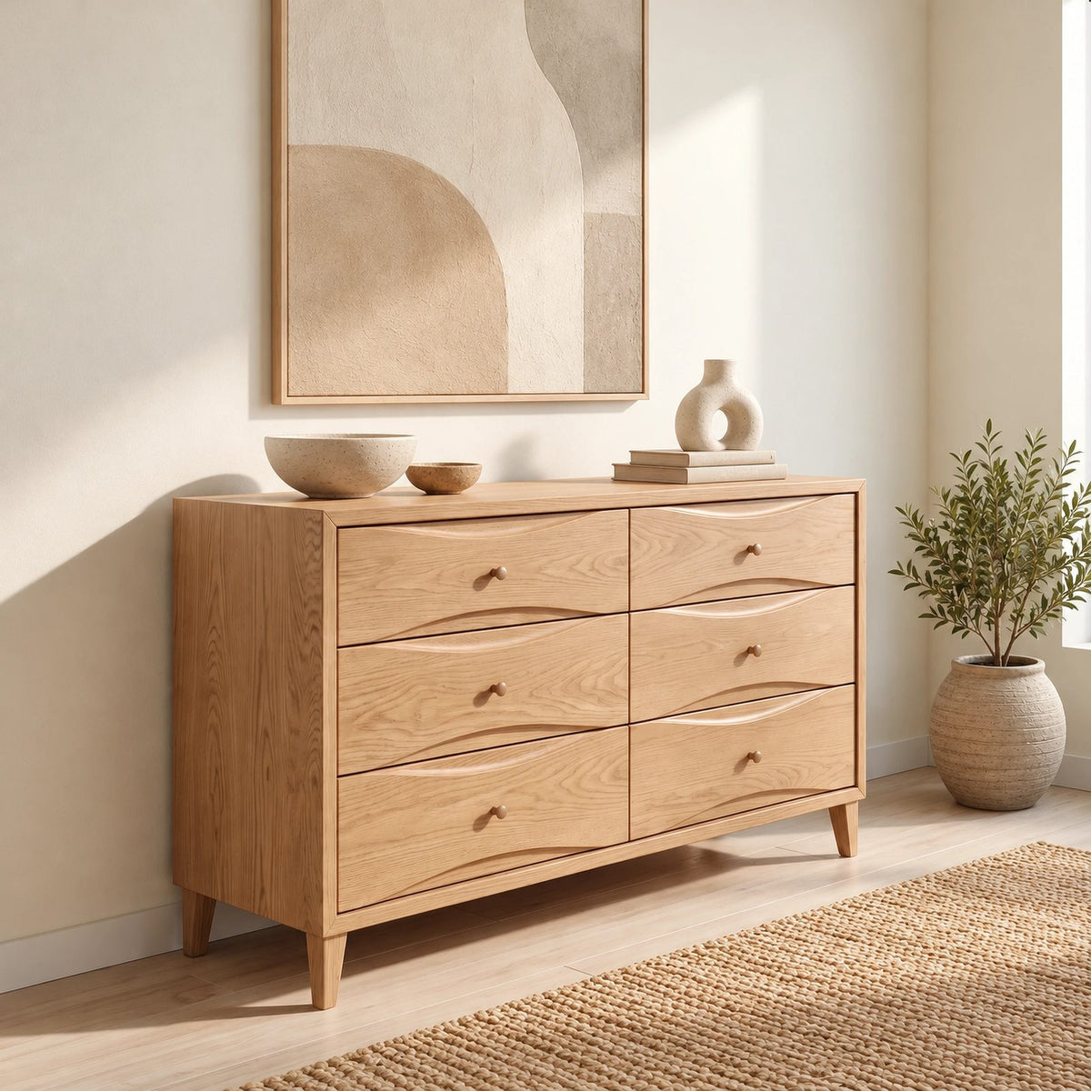 Scandinavian Wide Dresser With Clean Curved Drawer Fronts For Bedroom