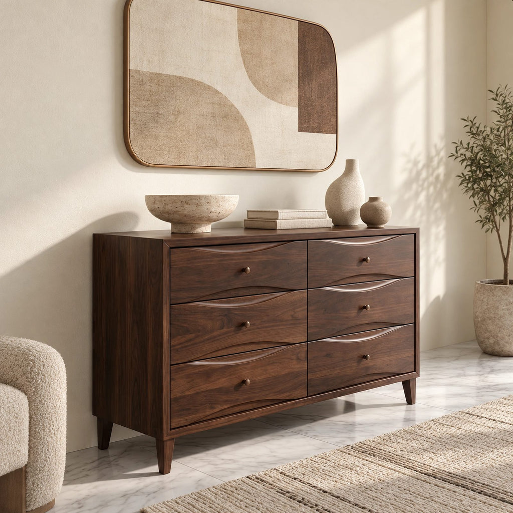 Scandinavian Wide Dresser With Clean Curved Drawer Fronts For Bedroom