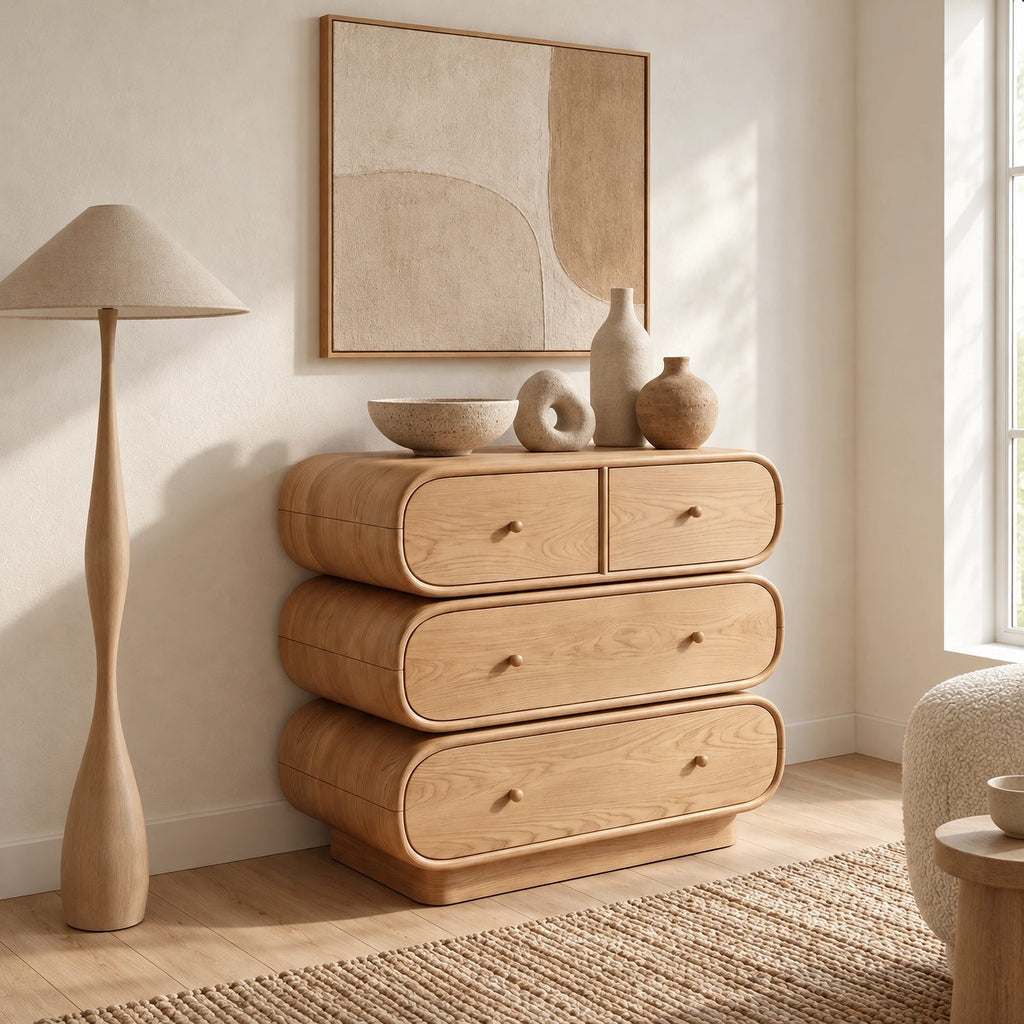 Sculptural Wooden Dresser With Rounded Stacked Drawers For Bedroom