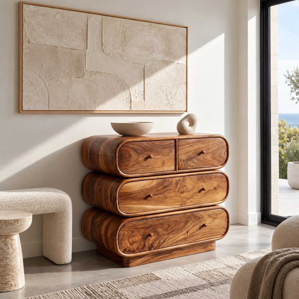 Sculptural Wooden Dresser With Rounded Stacked Drawers For Bedroom