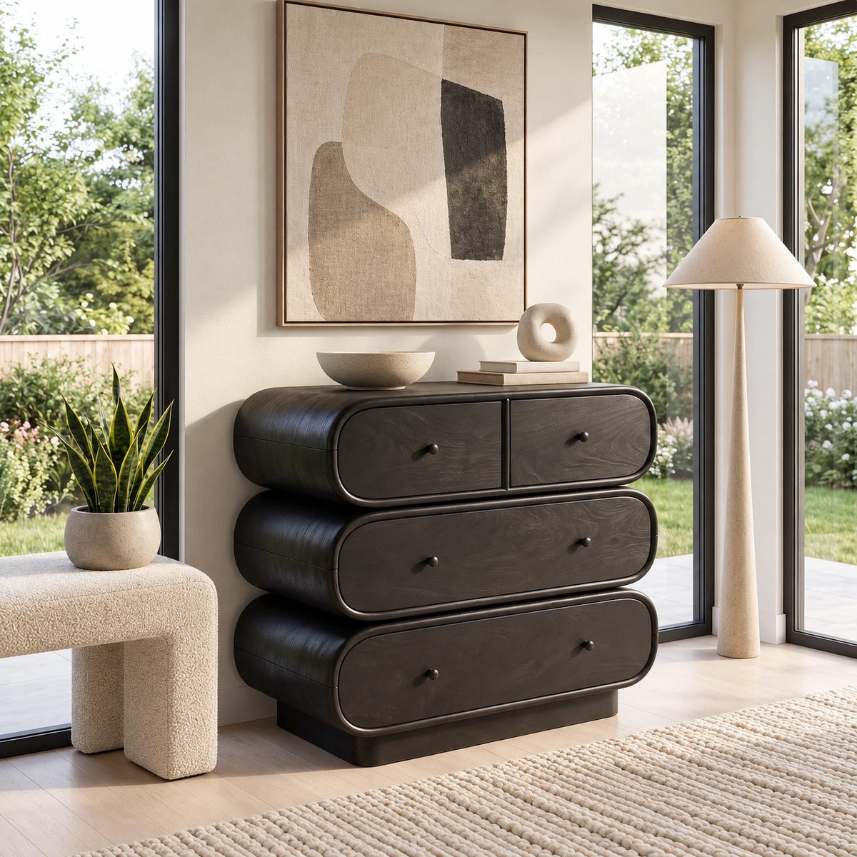 Sculptural Wooden Dresser With Rounded Stacked Drawers For Bedroom