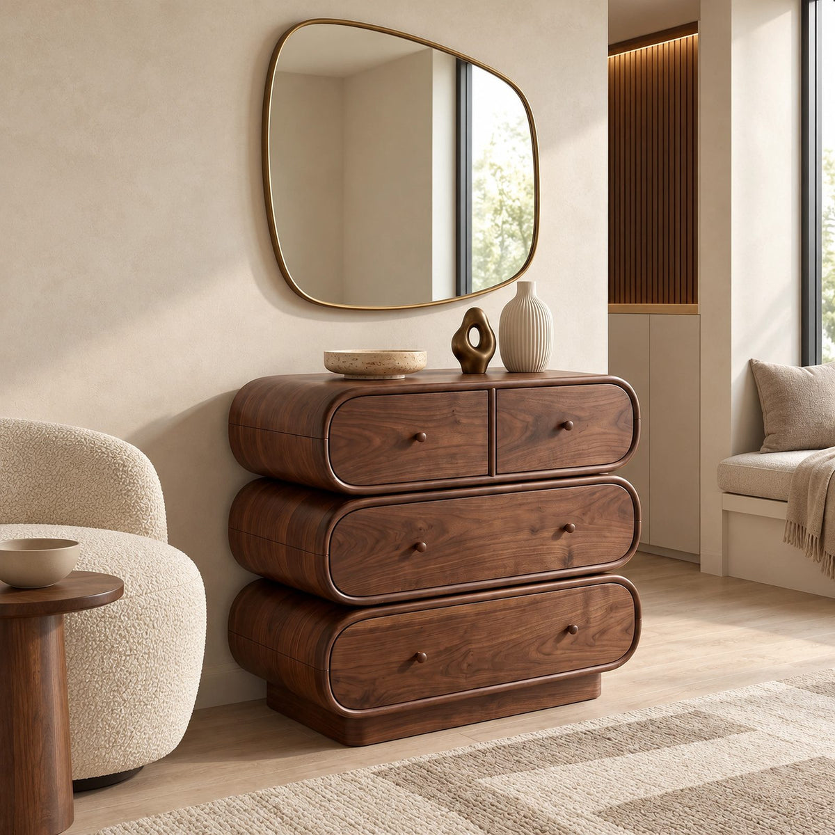 Sculptural Wooden Dresser With Rounded Stacked Drawers For Bedroom