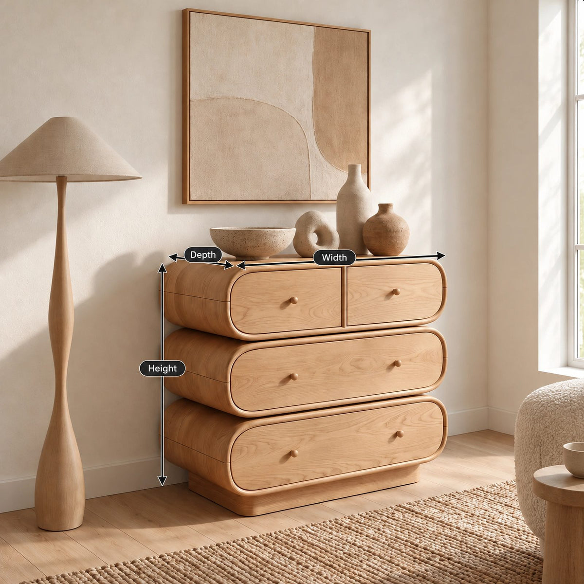 Sculptural Wooden Dresser With Rounded Stacked Drawers For Bedroom