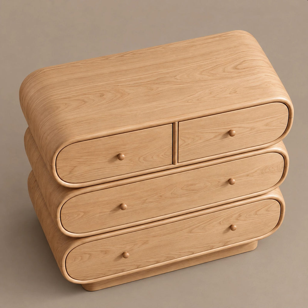 Sculptural Wooden Dresser With Rounded Stacked Drawers For Bedroom