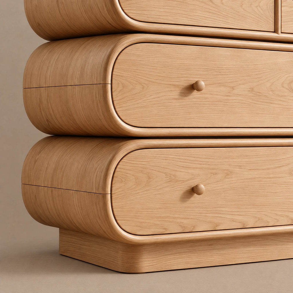 Sculptural Wooden Dresser With Rounded Stacked Drawers For Bedroom