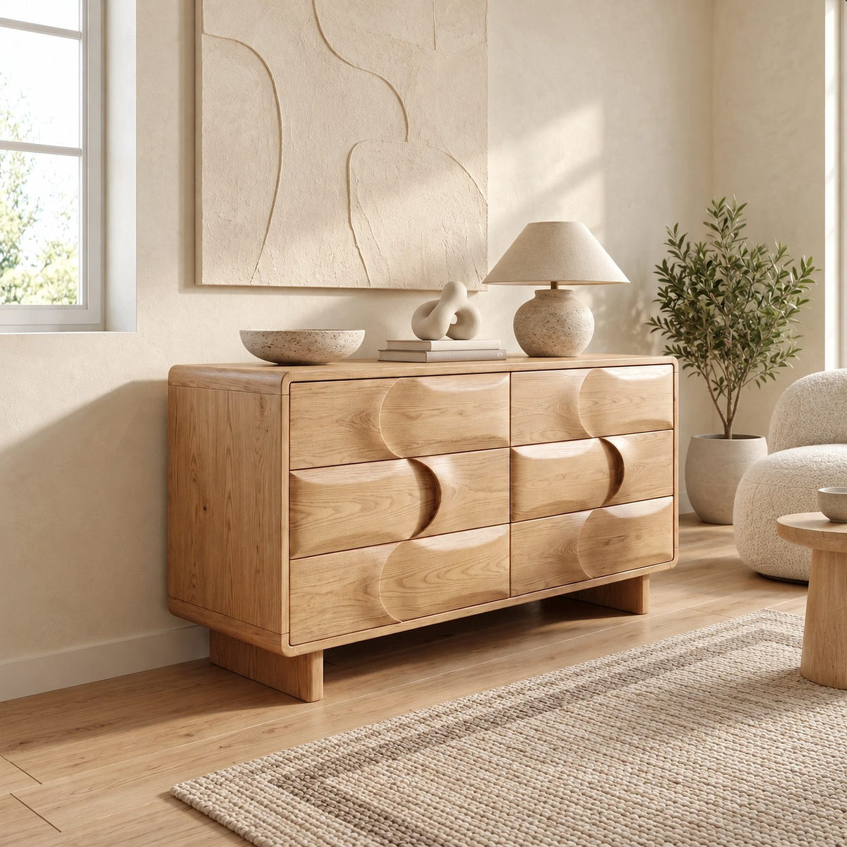 Contemporary Wooden Dresser With Wave Carved Drawer Pair For Bedroom