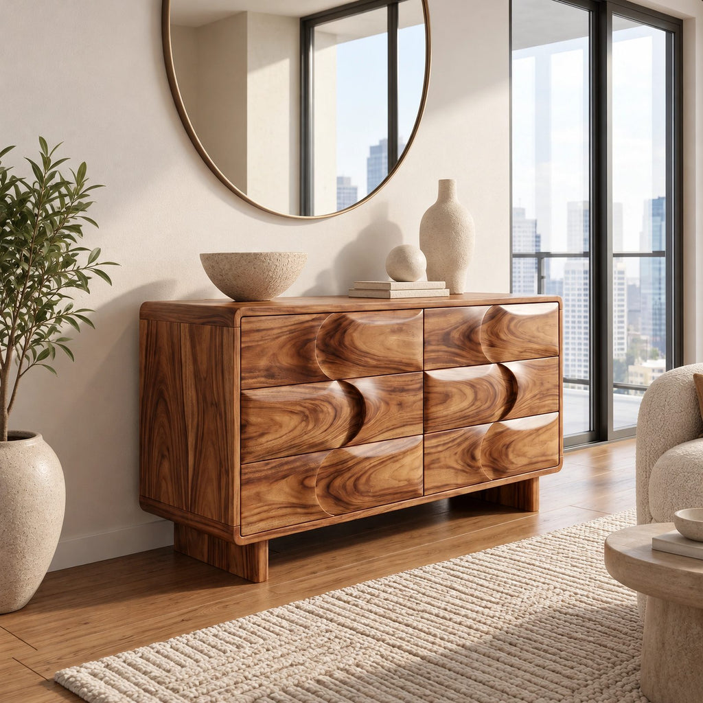 Contemporary Wooden Dresser With Wave Carved Drawer Pair For Bedroom