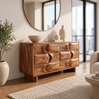 Contemporary Wooden Dresser With Wave Carved Drawer Pair For Bedroom